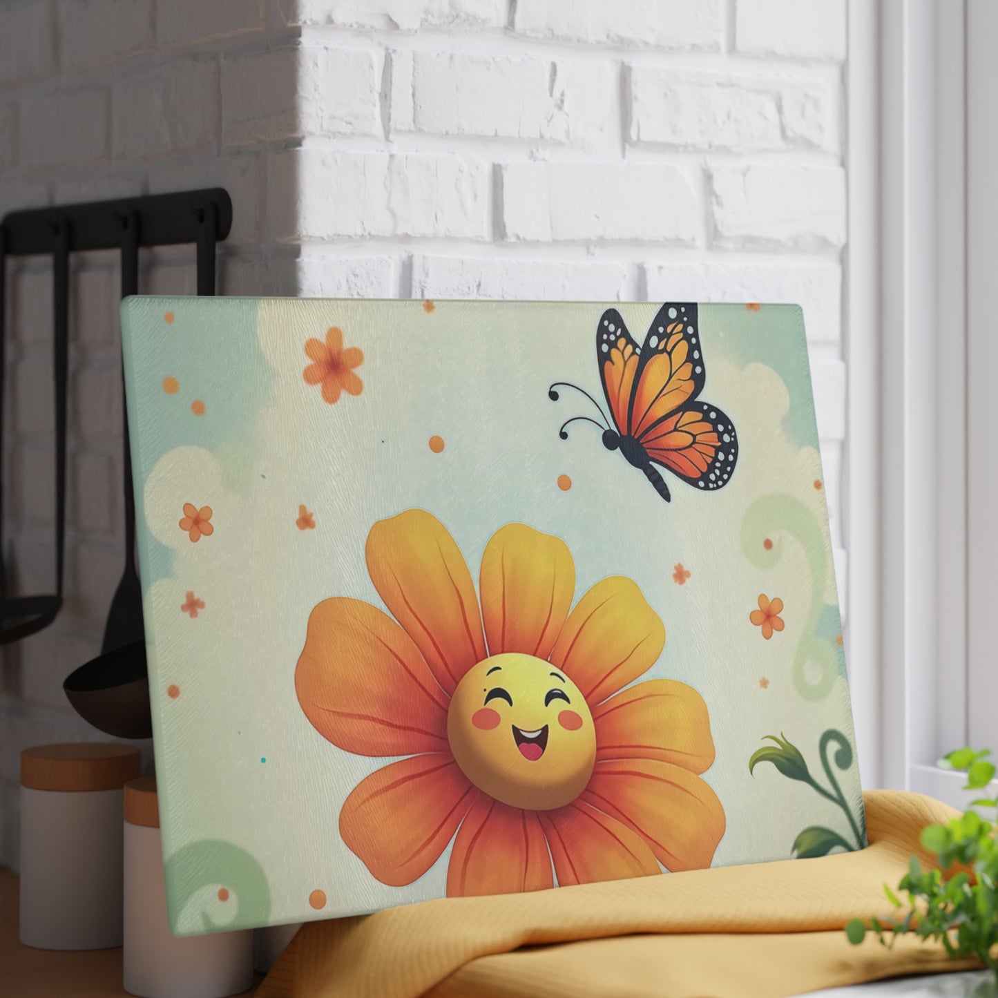 Cheerful Floral Glass Cutting Board, Kitchen Decor, Gift for Home, Cooking Accessory, Butterfly Artwork, Spring Inspired