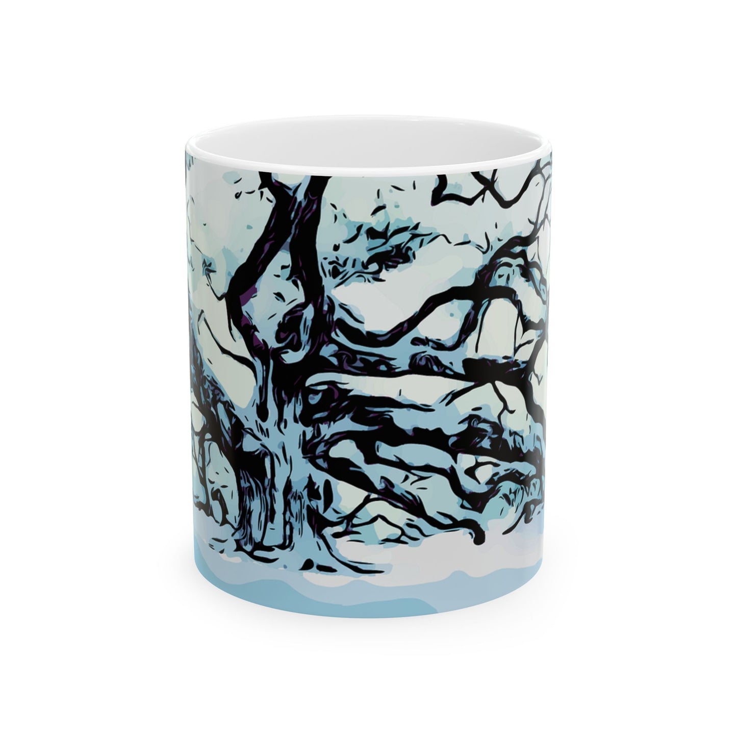 Winter Oak Tree Ceramic Mug — Scenic Snowy Tree Coffee Cup (11oz, 15oz)