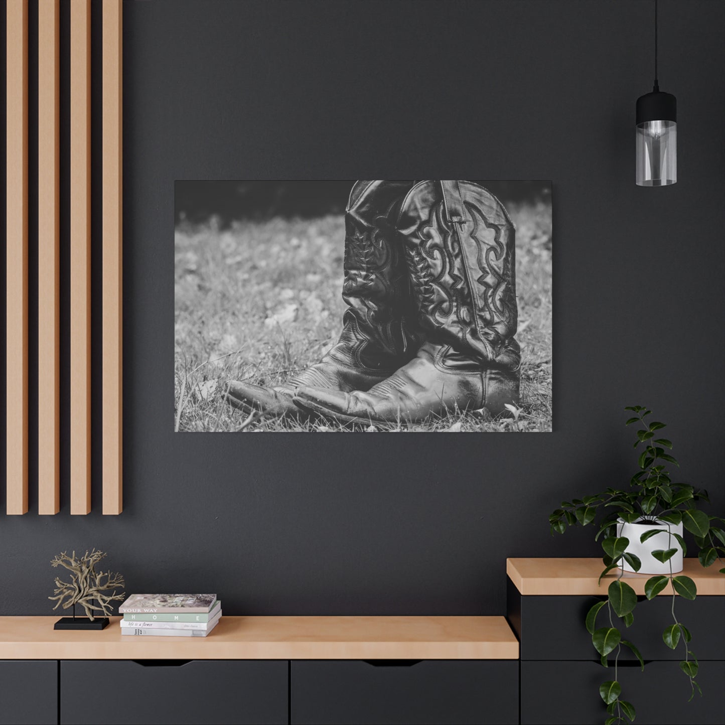 Western Cowboy Boots Matte Canvas Wall Art – Black & White Rustic Country Decor