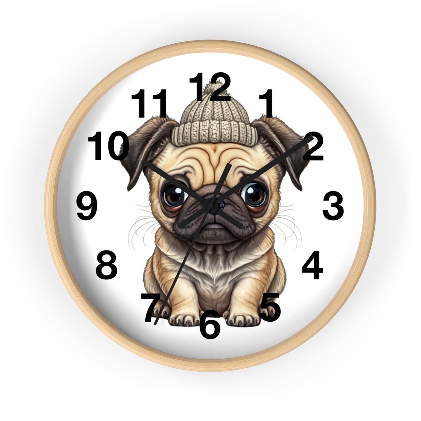 Cute Pug Wall Clock — Adorable Pug Puppy in Beanie Decorative Clock for Dog Lovers
