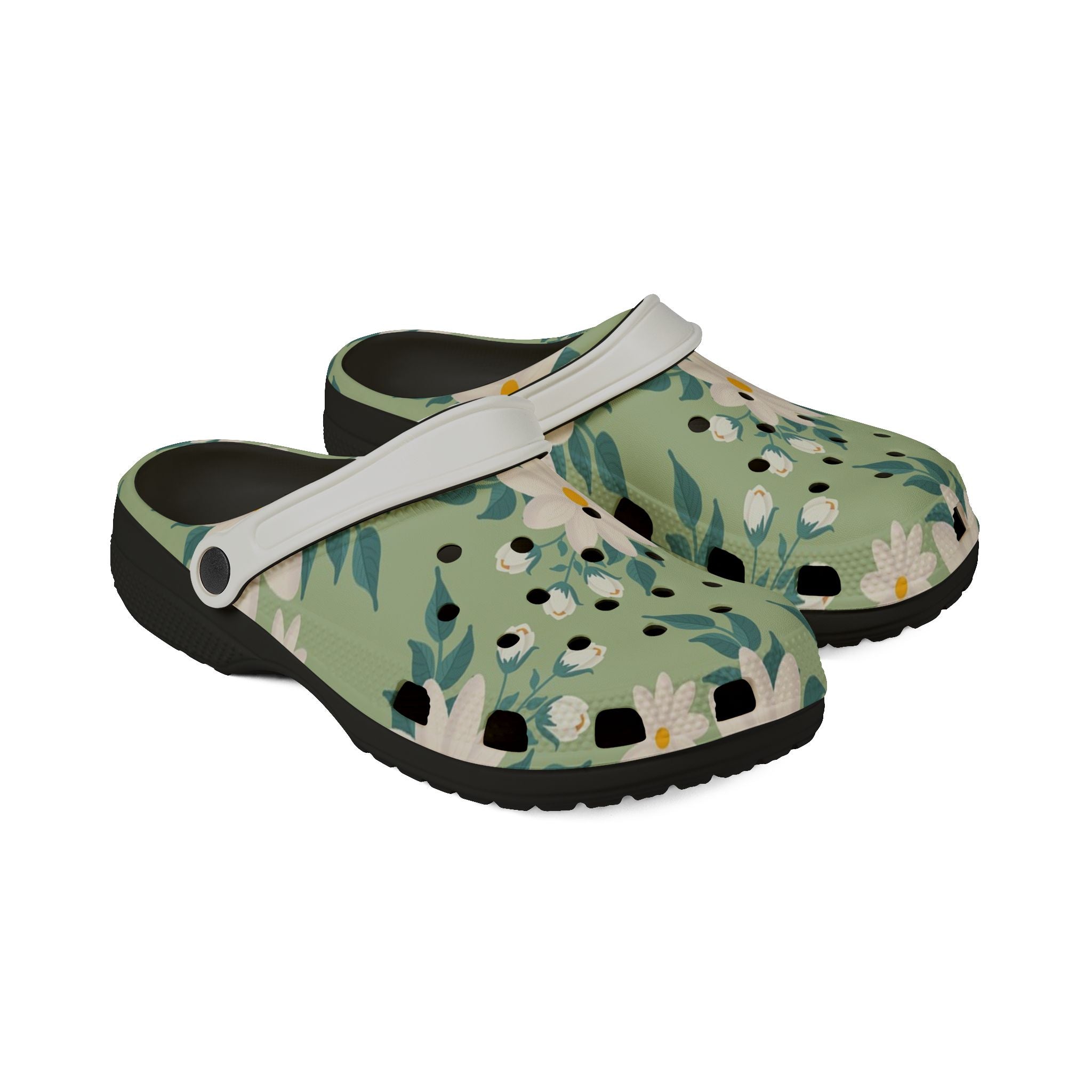 Floral Garden EVA Clogs — Lightweight Green Daisy Slip‑Ons