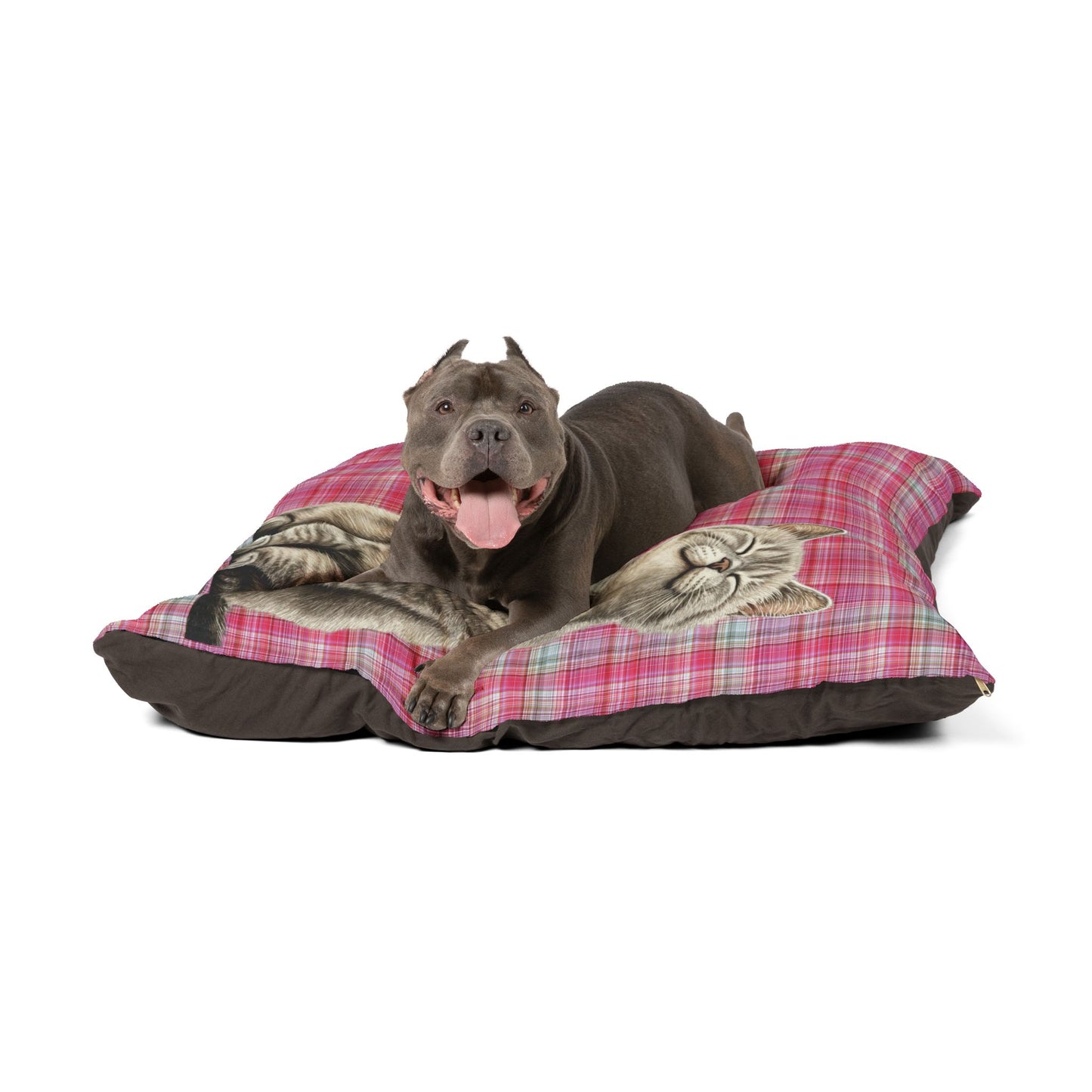 Smiling Gray Cat Plaid Pet Bed — Cozy Pink Cat Bed for Cats & Kittens