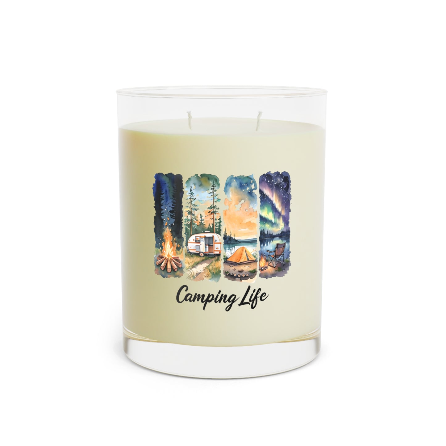 Camping Life Scented Candle — 11oz Glass Candle with Campfire & Northern Lights Design