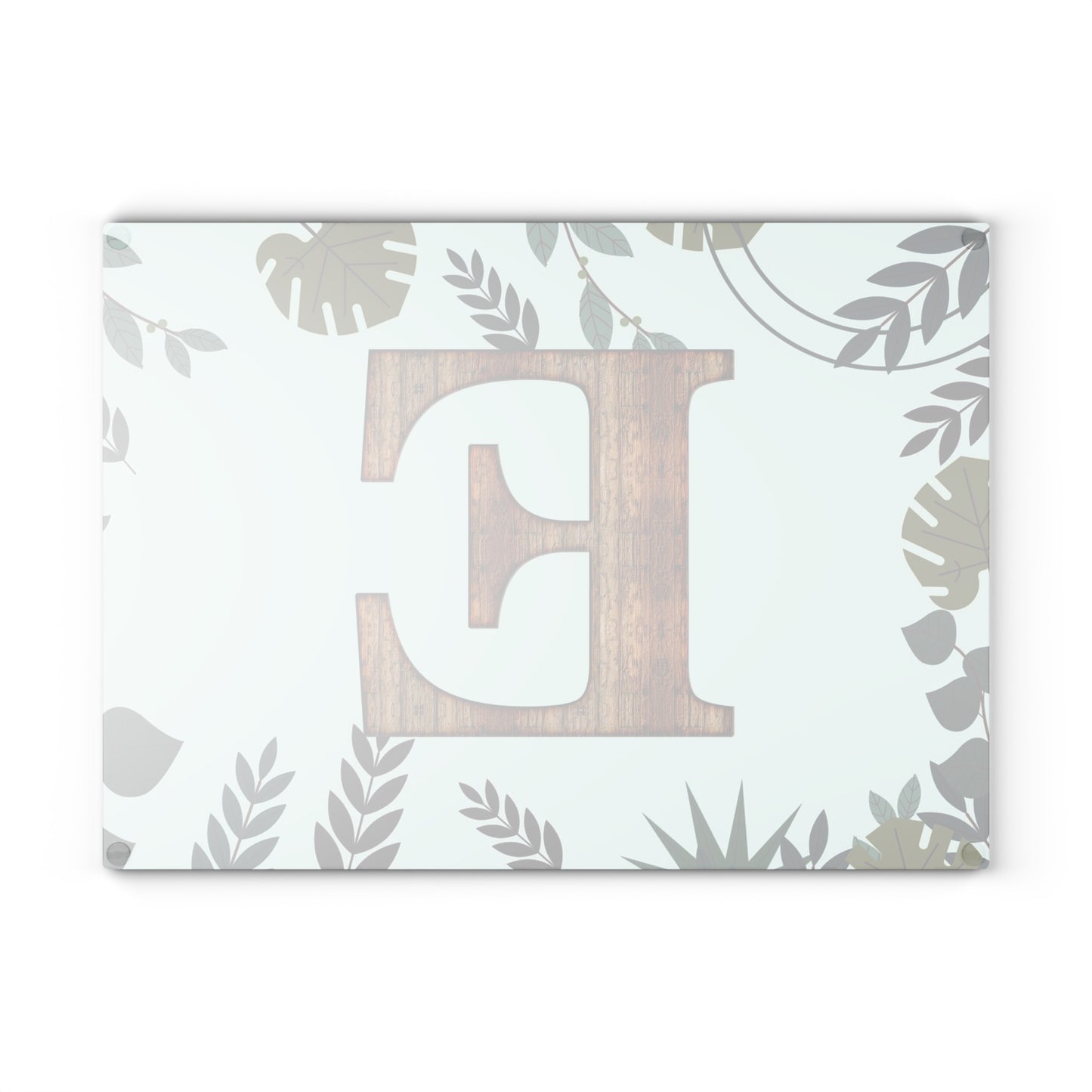 Monogram Glass Cutting Board — Rustic Wood ‘E’ with Tropical Leaf Border