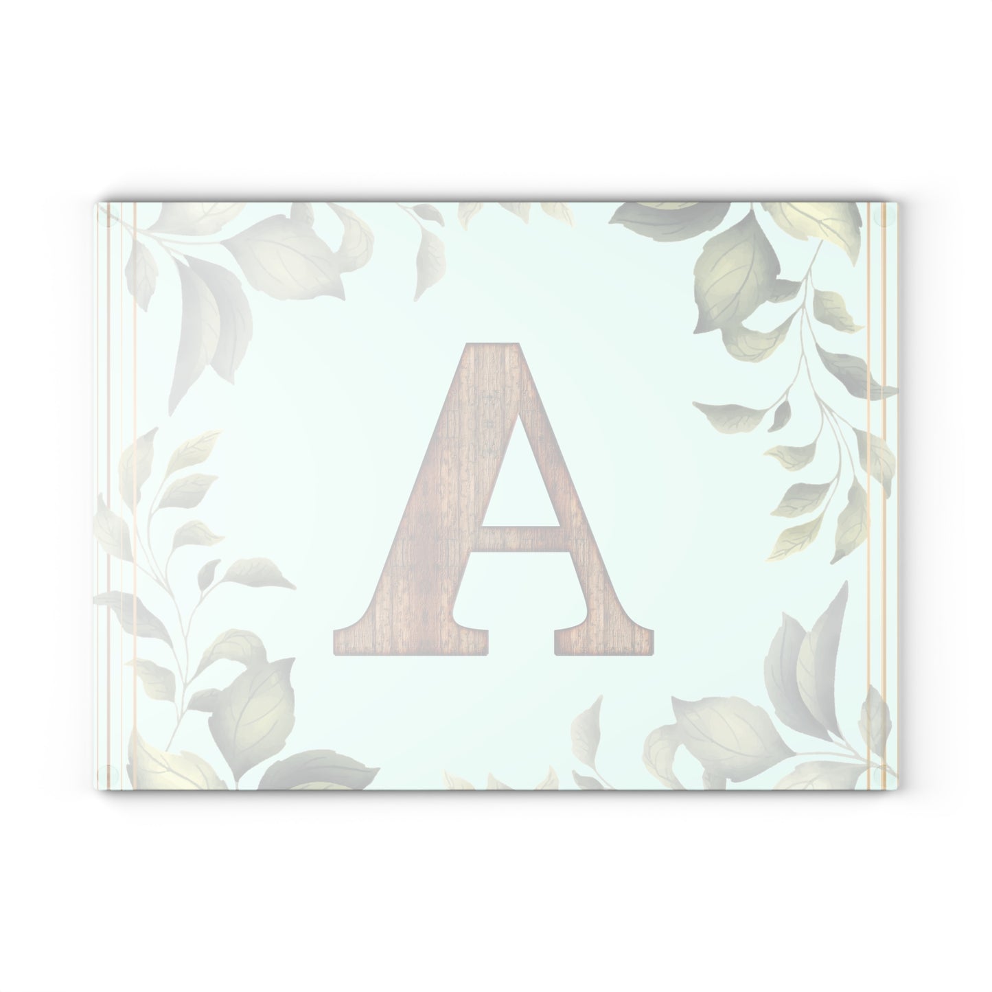 Monogram Glass Cutting Board – Rustic Wood Letter A with Botanical Leaves (Personalized Kitchen Gift)