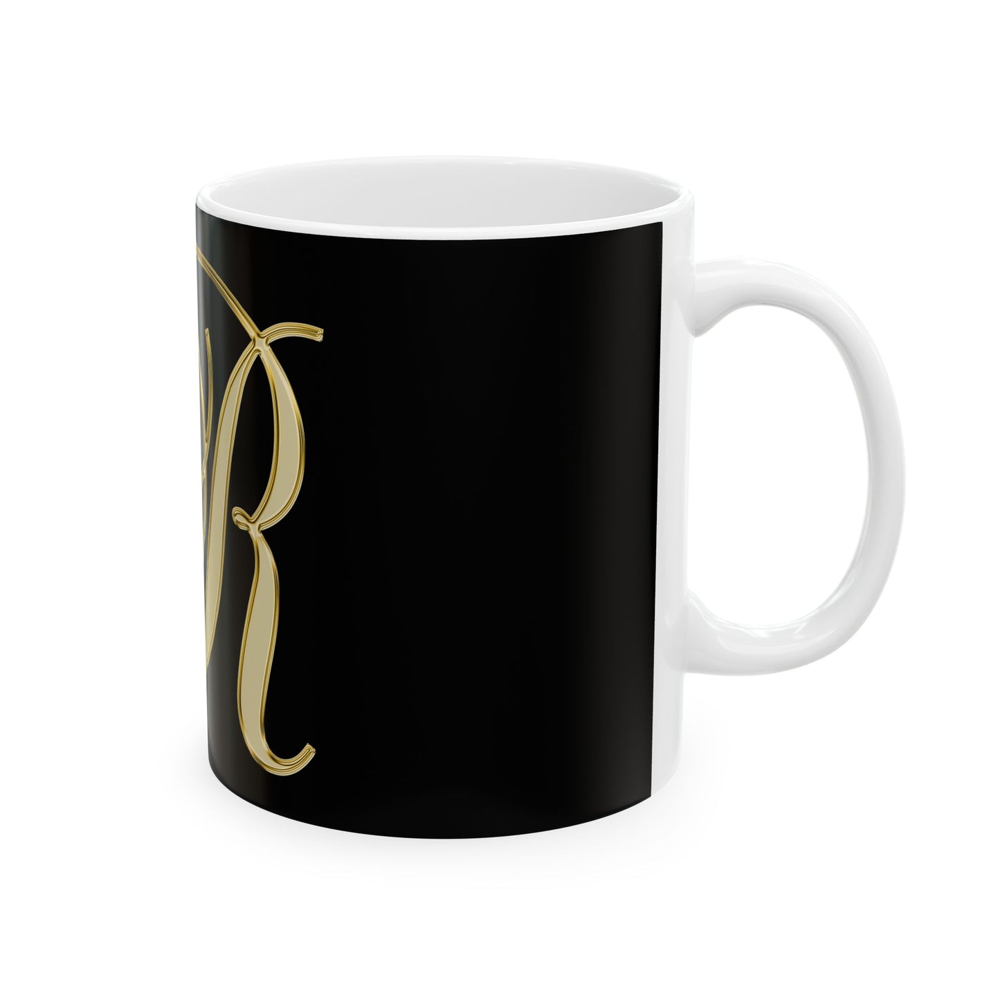 Gold Script Letter "R" Black Ceramic Mug — Elegant Monogram Coffee Cup (11oz & 15oz)