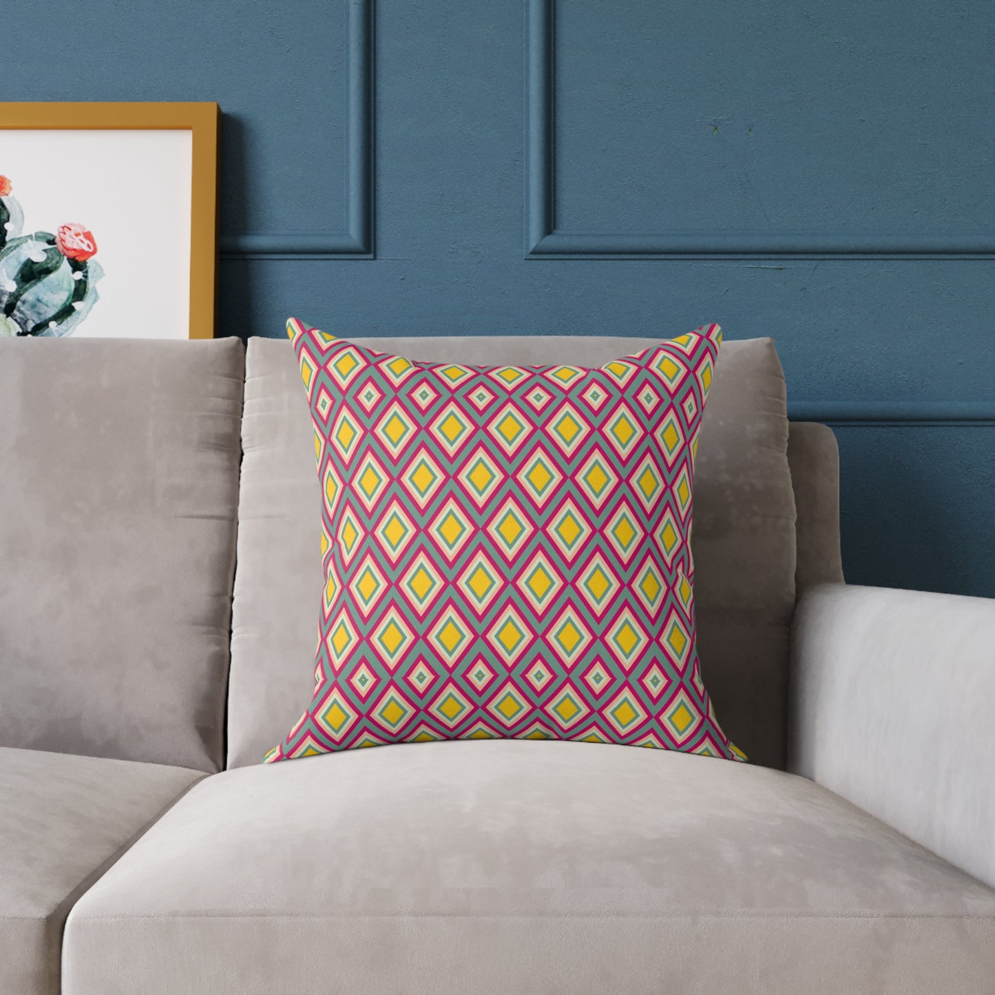 Geometric Retro Diamond Throw Pillow — Pink & Mustard Accent Cushion