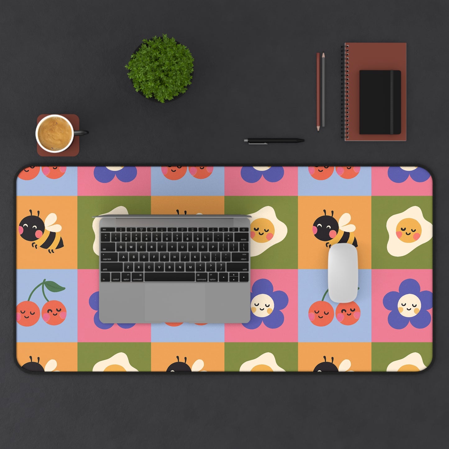 Cute Floral & Bees Desk Mat — Colorful Checkerboard Mouse Pad for Kids & Home Office