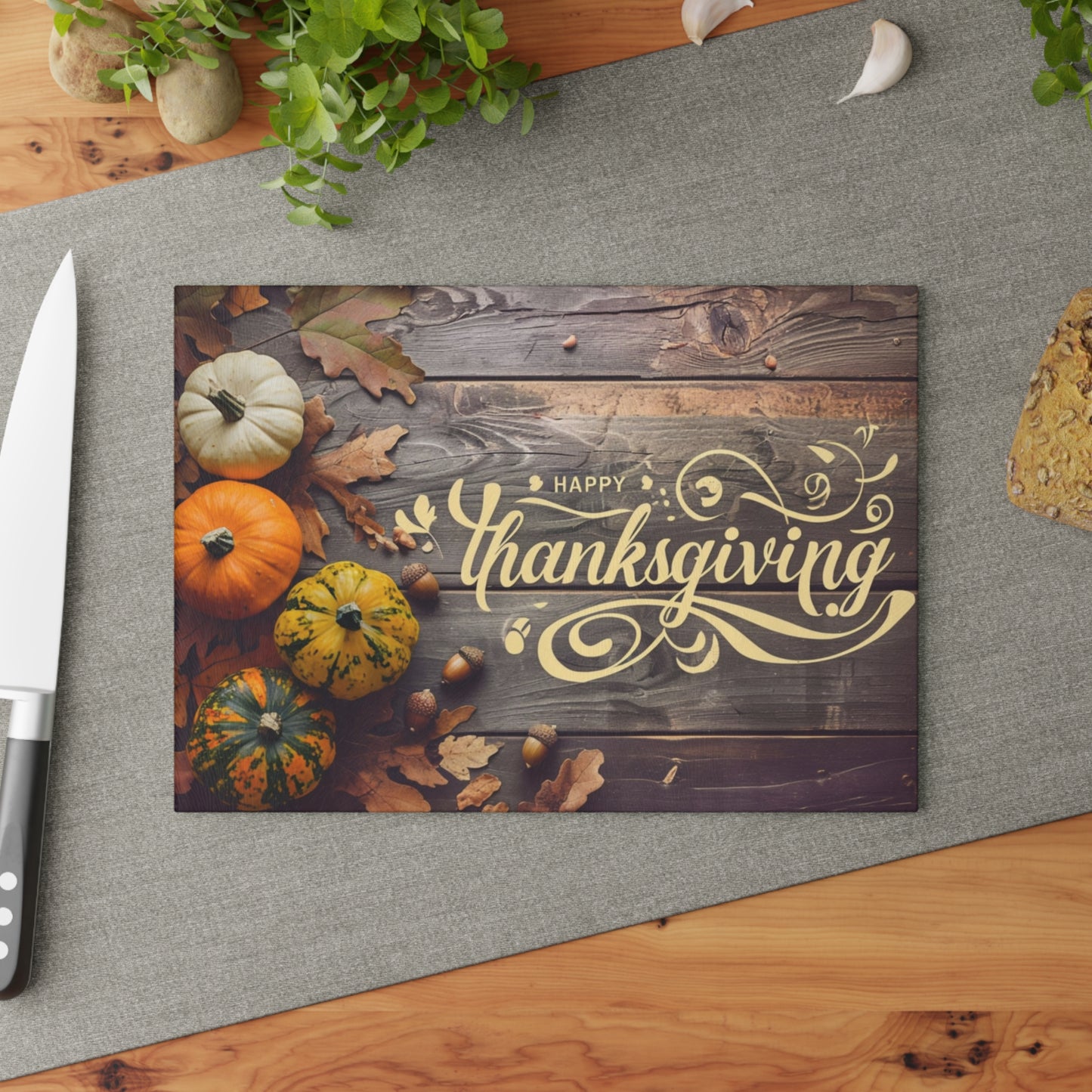 Thanksgiving Glass Cutting Board — Autumn Pumpkins & 'Happy Thanksgiving' Decorative Chopping Board