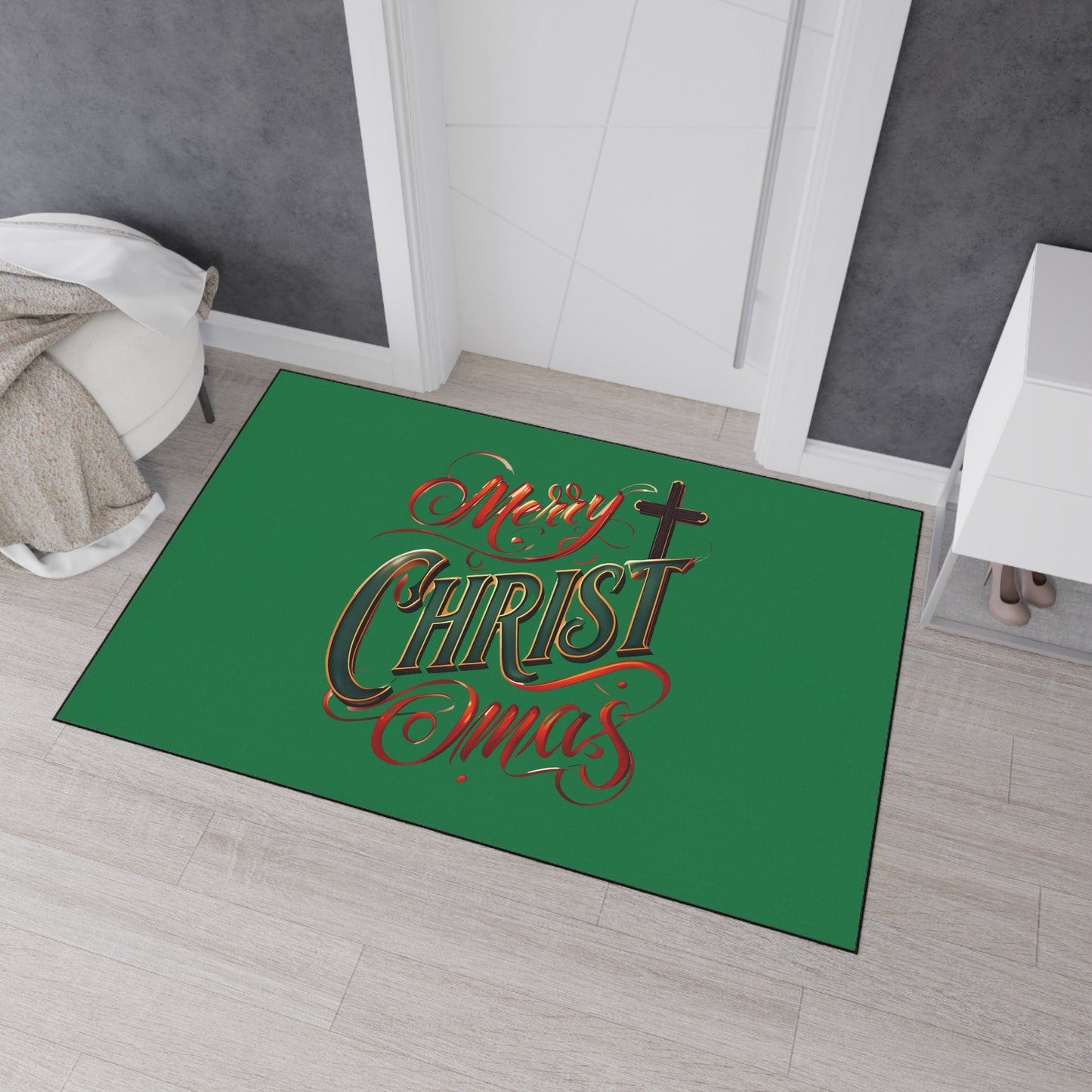 Christmas Floor Mat - "Merry Christmas" Script with Cross, Heavy-Duty Holiday Doormat
