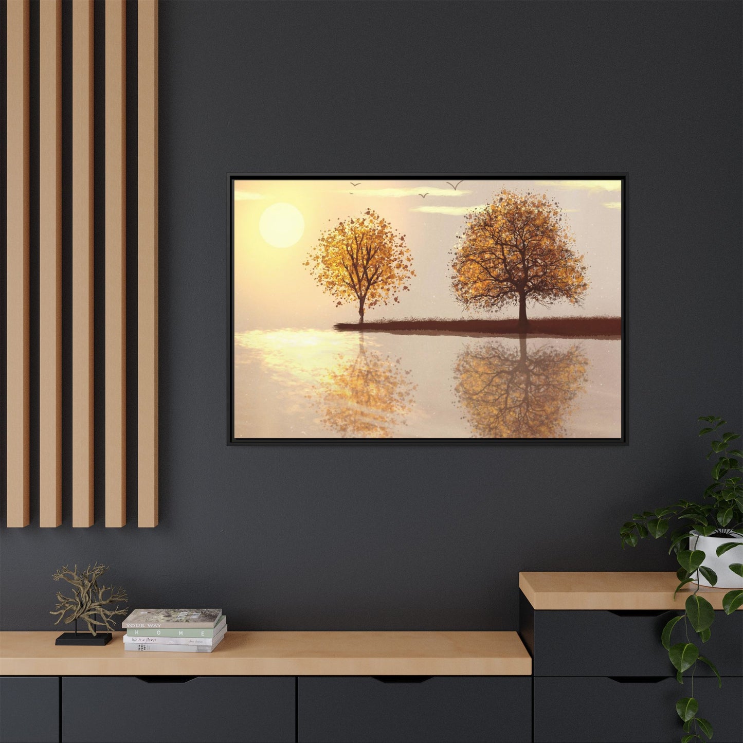 Framed Matte Canvas Wall Art — Golden Autumn Trees Reflection