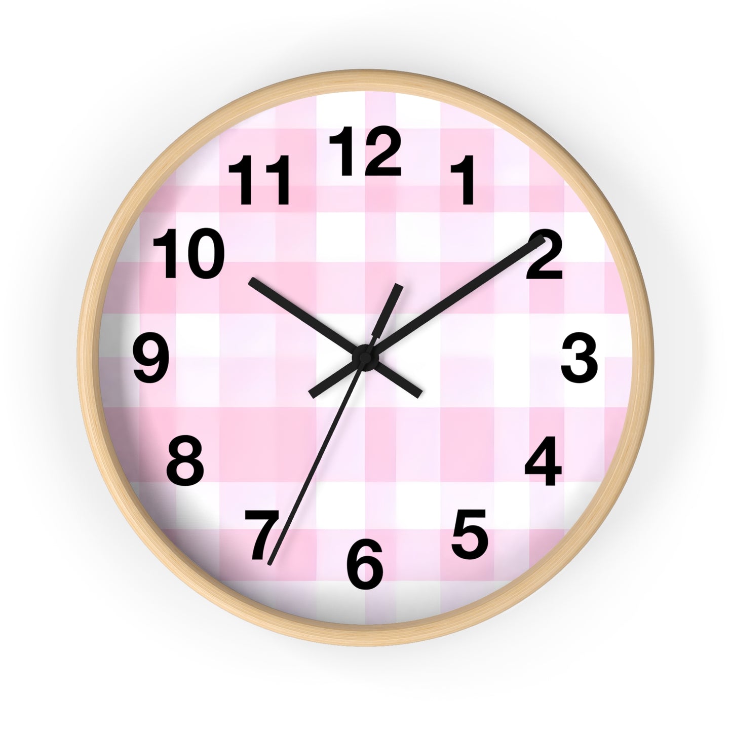 Pink Gingham Wall Clock — Cute Check Pattern Clock for Nursery & Kitchen