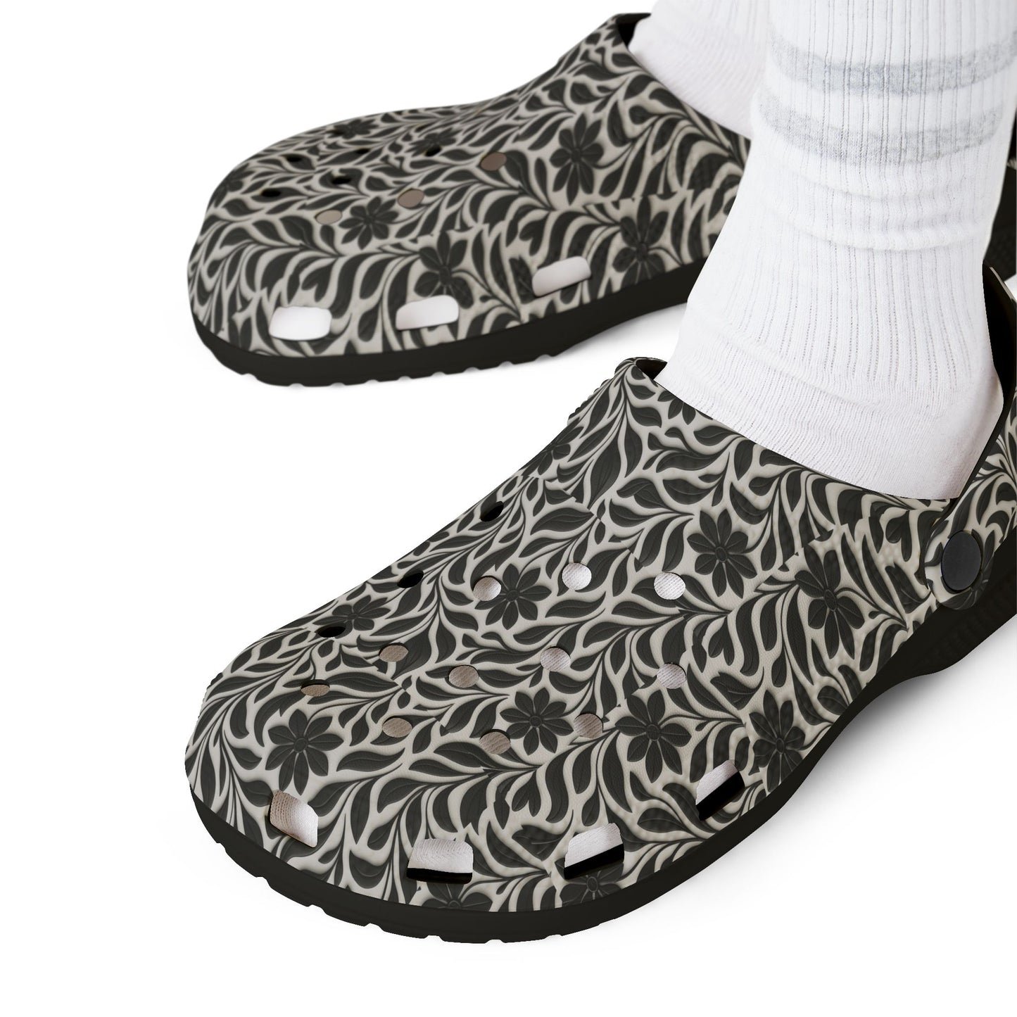 Floral EVA Foam Clogs — Lightweight Black & Cream Garden Pattern