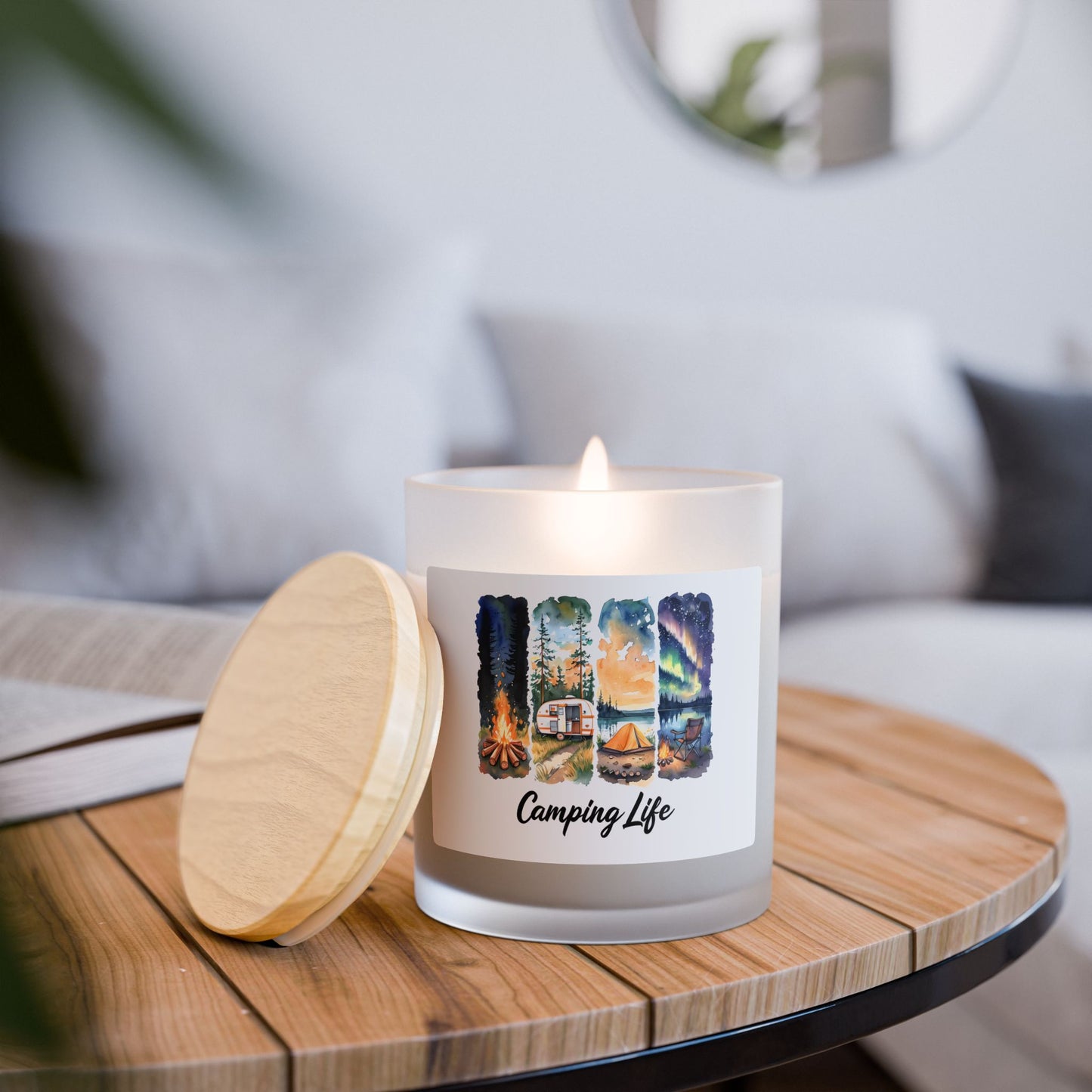 Camping Life Frosted Glass Candle — 11oz Cabin & Campfire Scented Candle