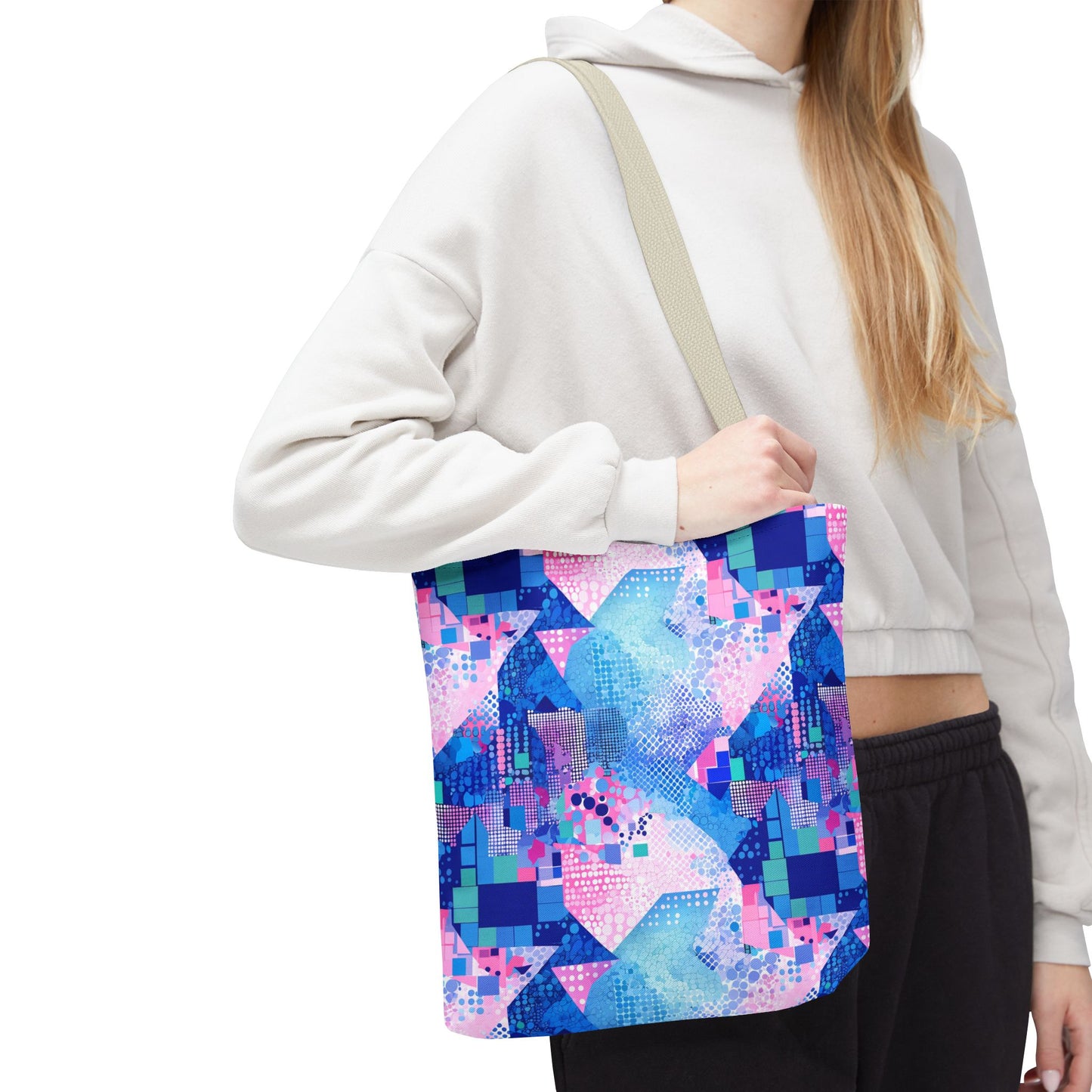 Abstract Blue Pink Geometric Tote Bag — Colorful Patterned All-Over Print Tote