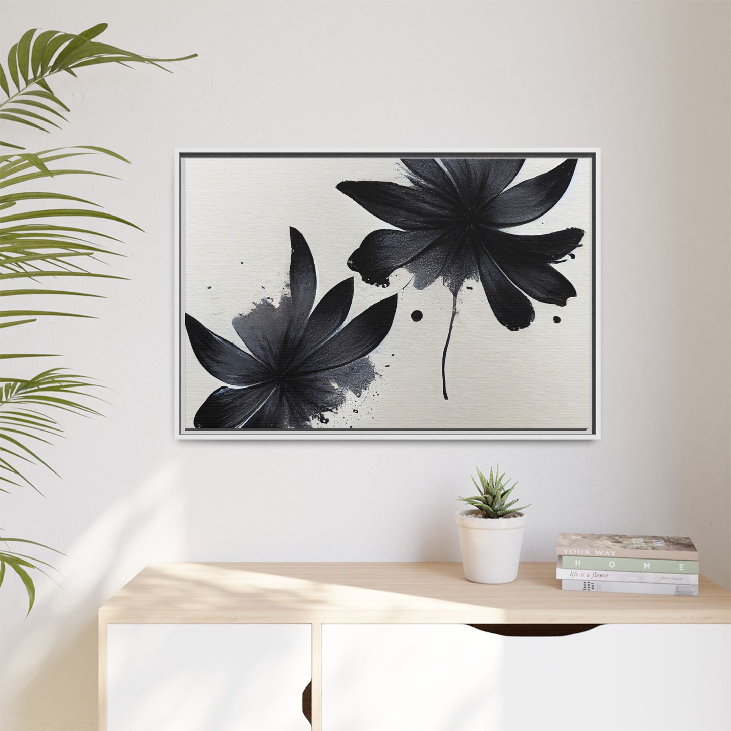 Framed Black Floral Matte Canvas Wall Art — Monochrome Botanical Print