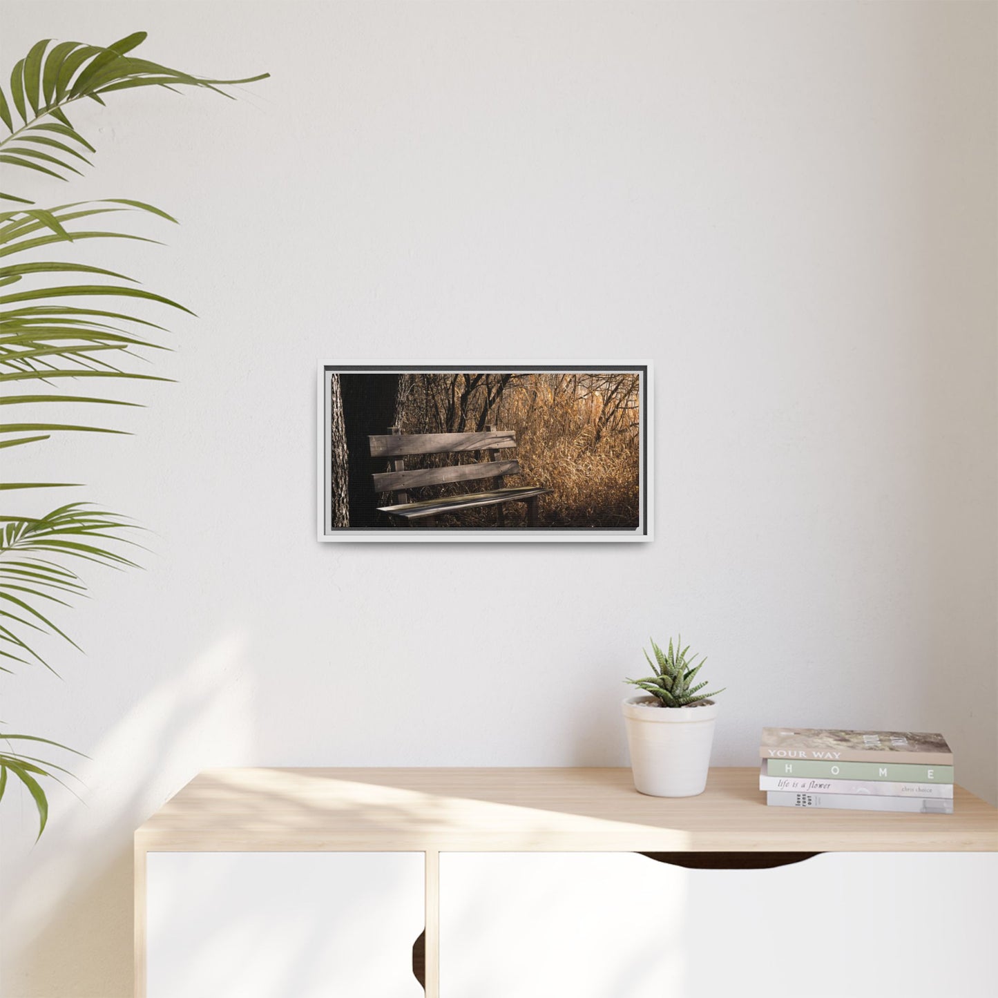 Framed Matte Canvas Print — Autumn Park Bench Photography