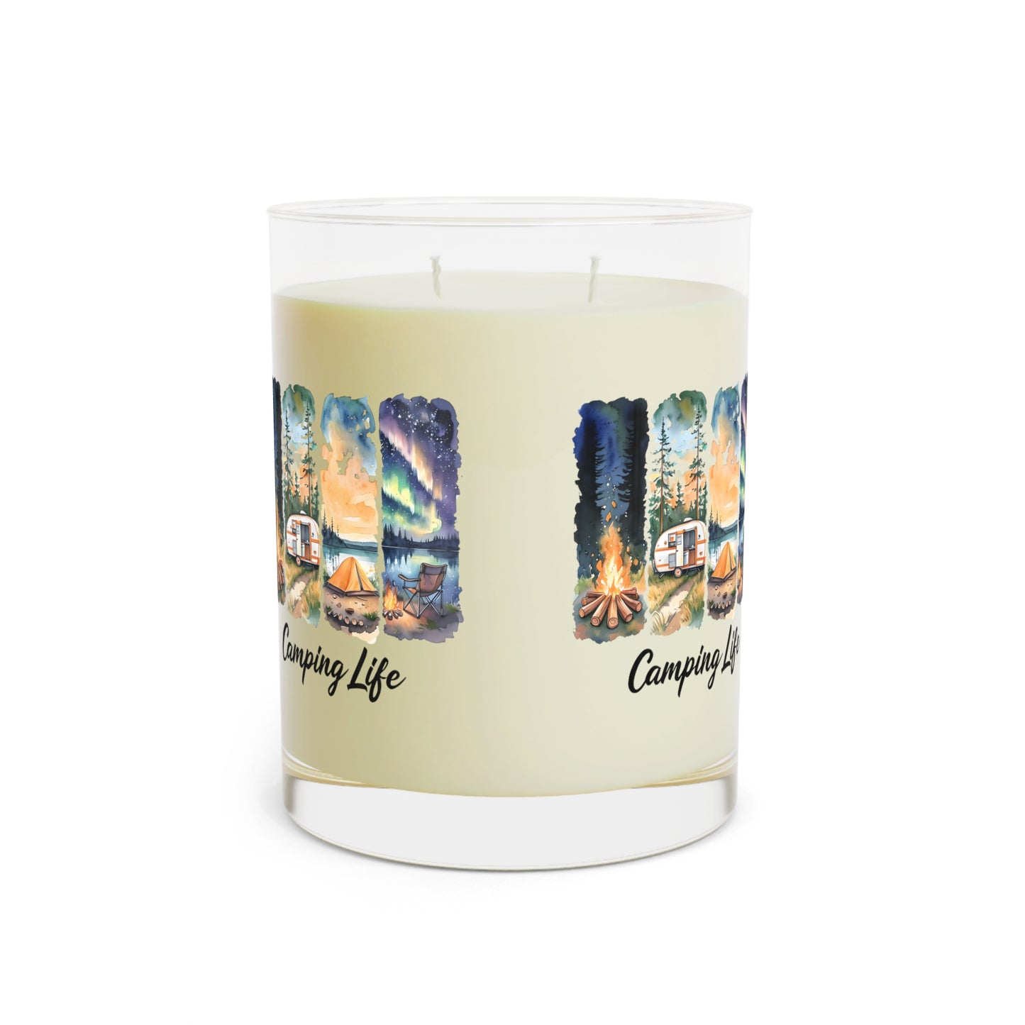 Camping Life Scented Candle — 11oz Glass Candle with Campfire & Northern Lights Design