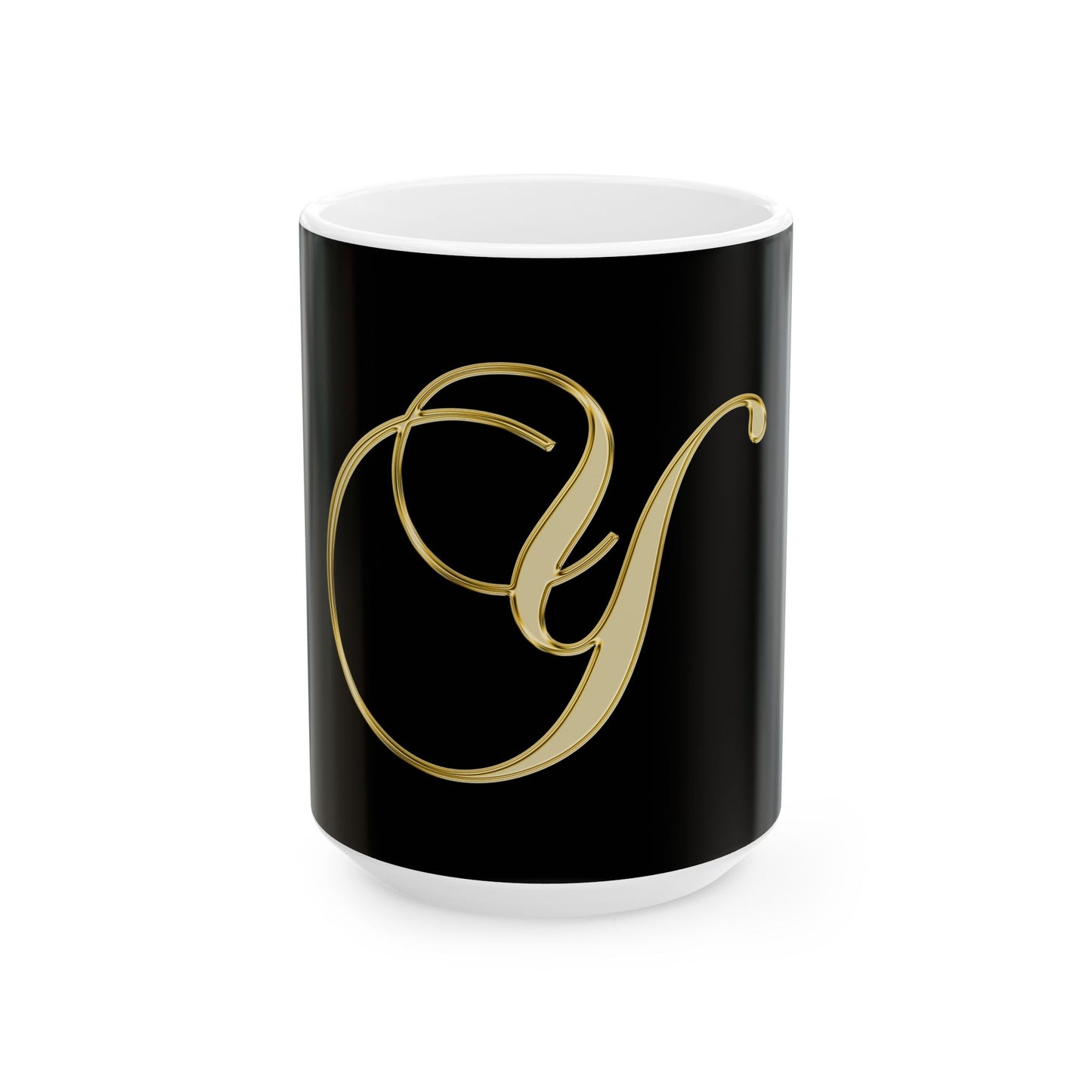 Gold Script Letter Y Ceramic Mug — Elegant Monogram Coffee Cup (11oz, 15oz)