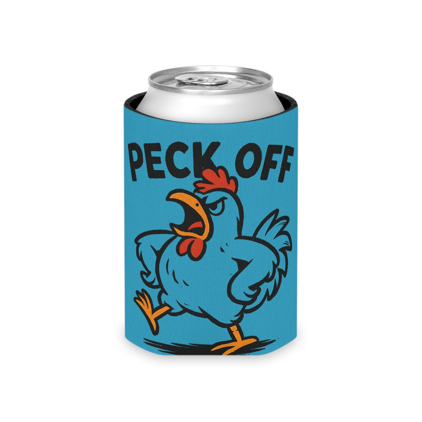Can Cooler – 'Peck Off' Angry Rooster Drink Holder (Funny Farm Animal Koozie)