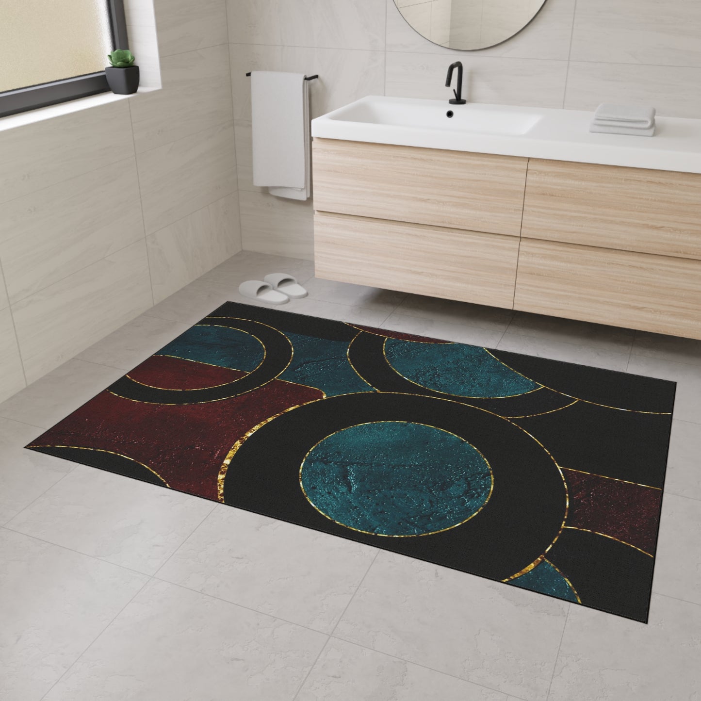 Heavy-Duty Floor Mat — Teal & Burgundy Modern Circle Entry Rug