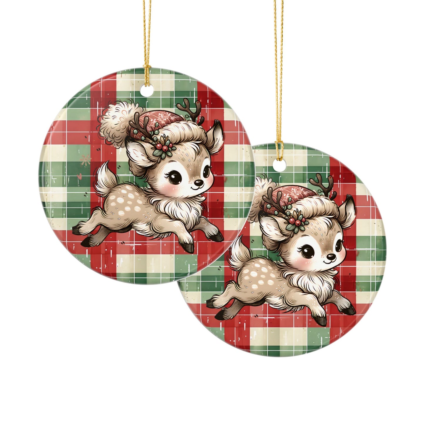 Cute Reindeer Plaid Ceramic Christmas Ornament (Double-Sided)