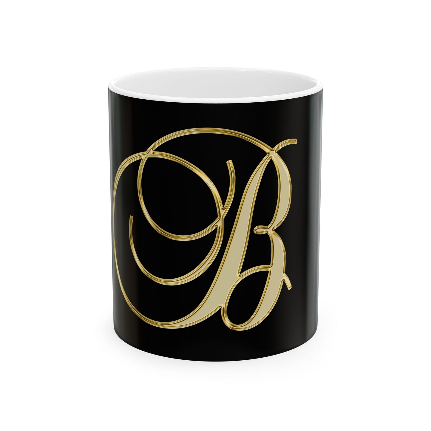 Monogram B Ceramic Mug — Elegant Gold Script Initial on Black (11oz, 15oz)