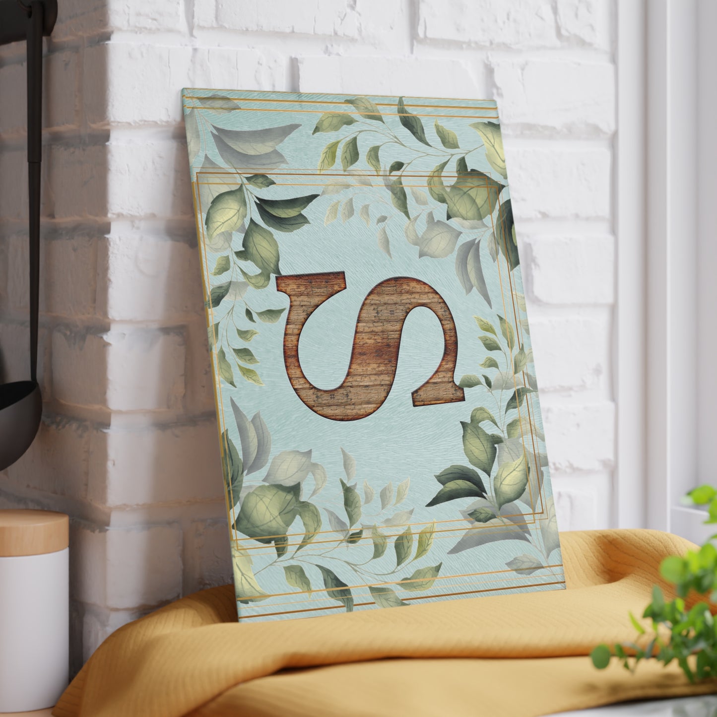 Monogram S Glass Cutting Board — Rustic Wood Initial with Greenery