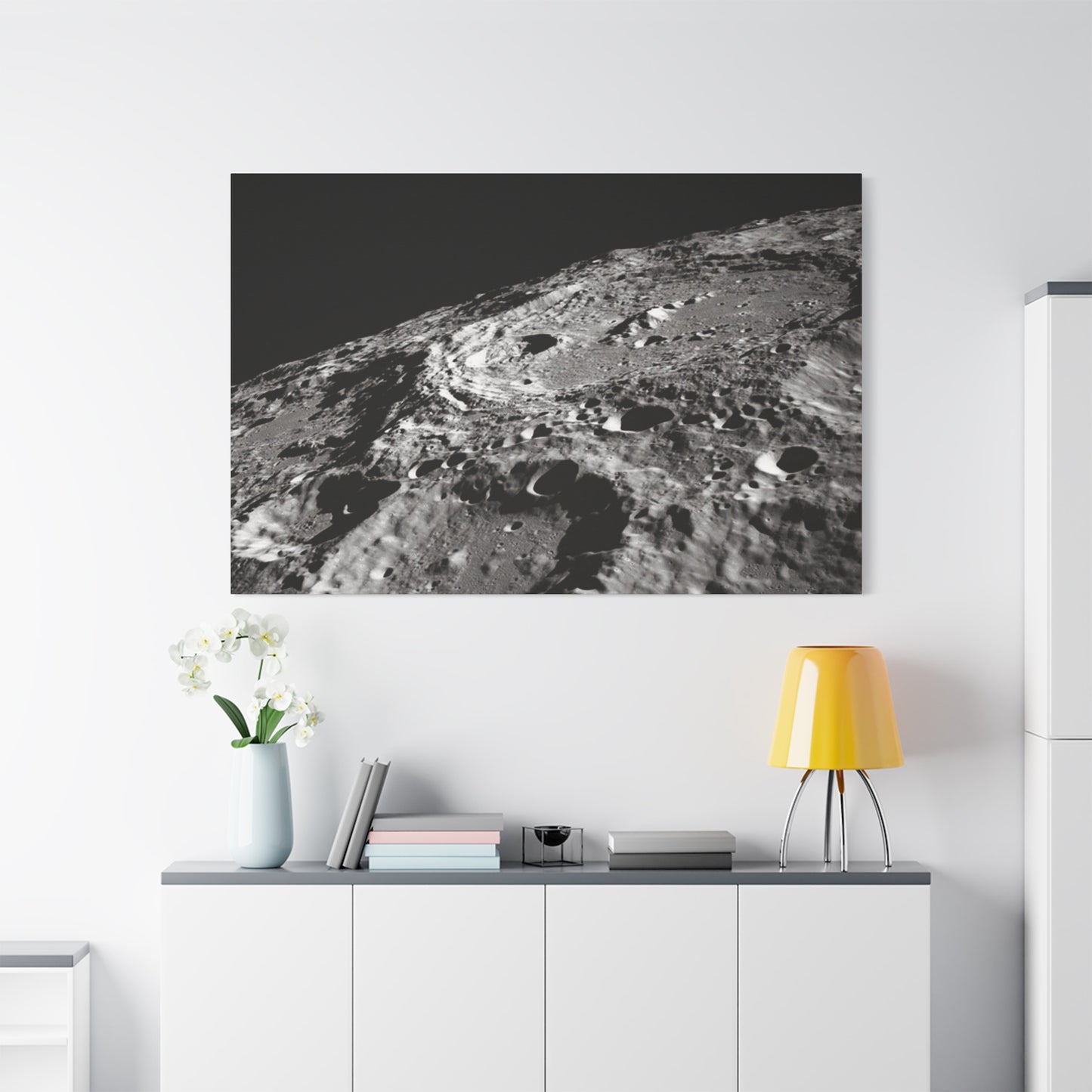 Lunar Surface Matte Canvas Print — Black & White Moon Crater Wall Art