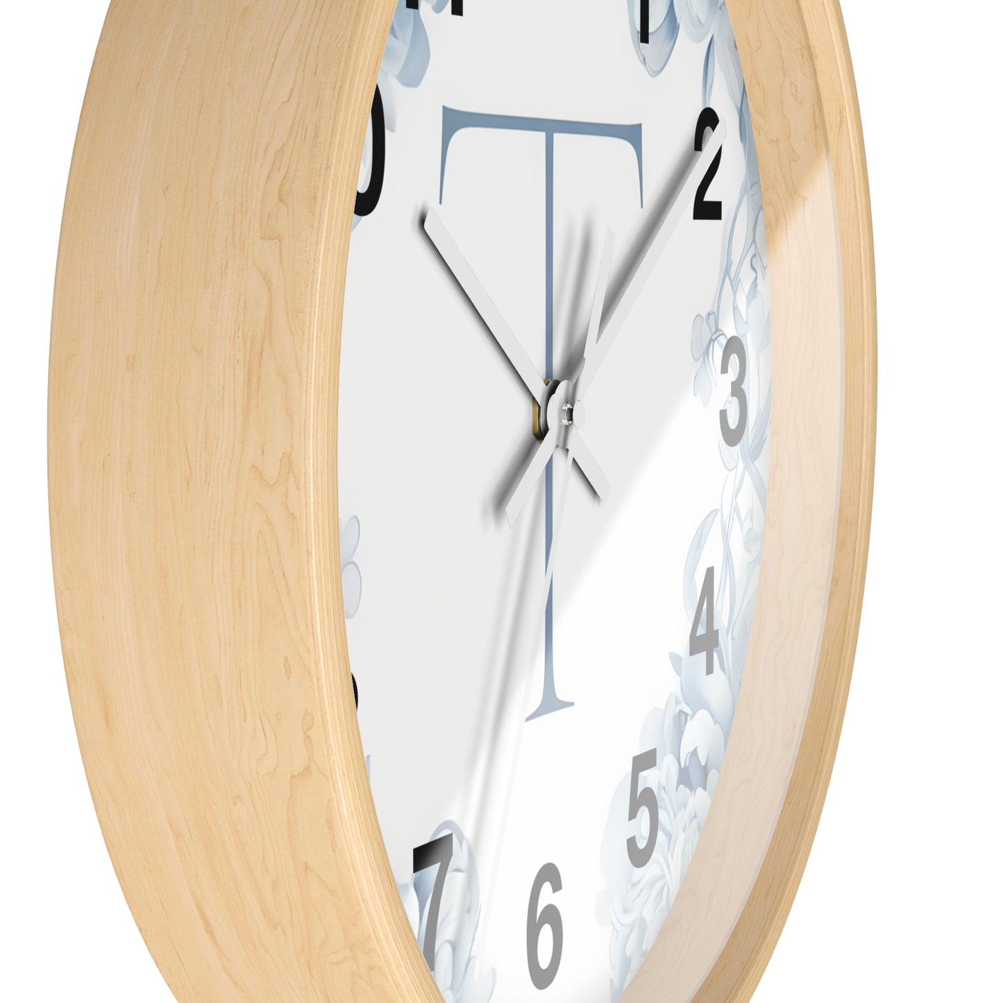 Monogram T Floral Wall Clock — Elegant Blue Initial T Home Decor