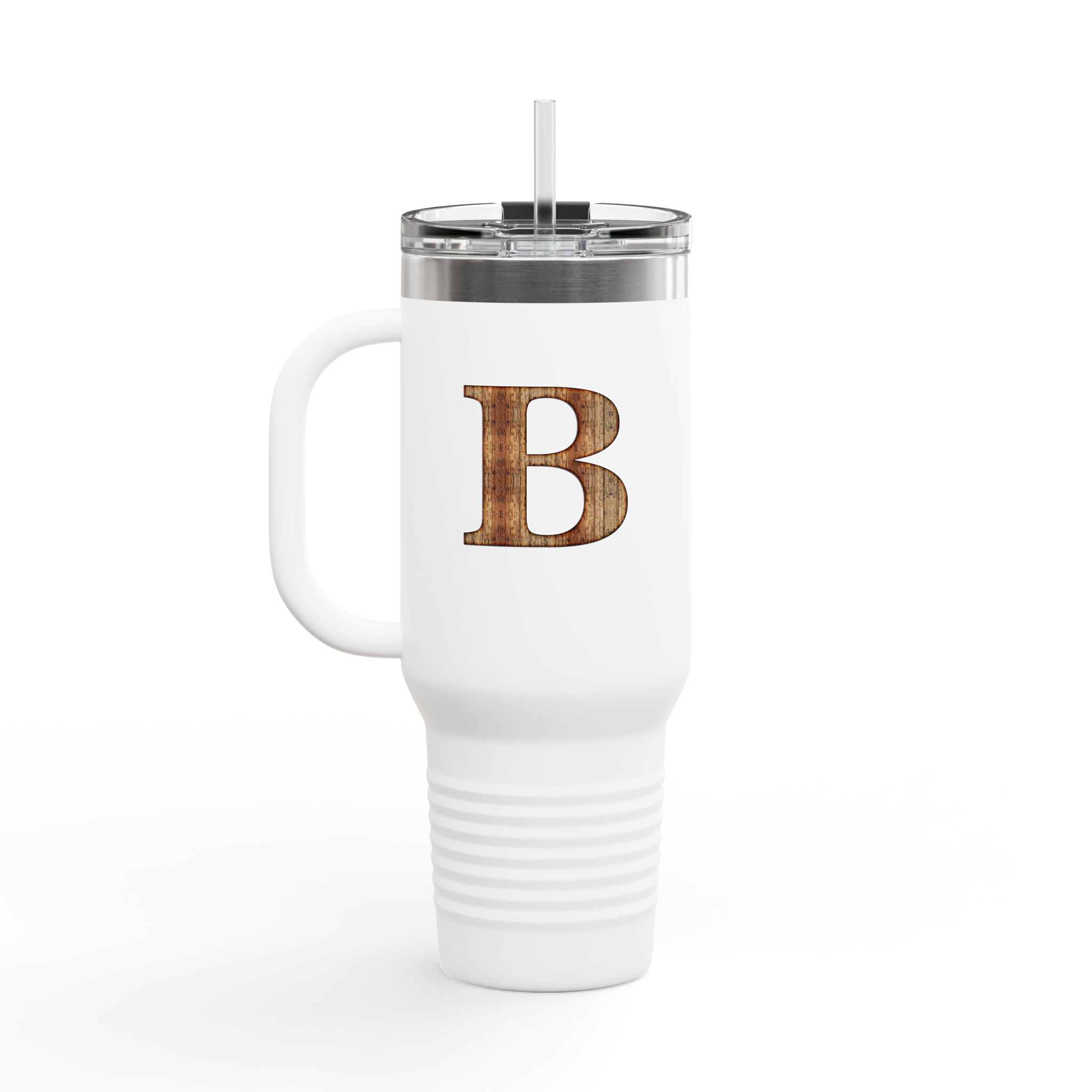 40oz Insulated Travel Mug with Rustic Wood Monogram — Letter B
