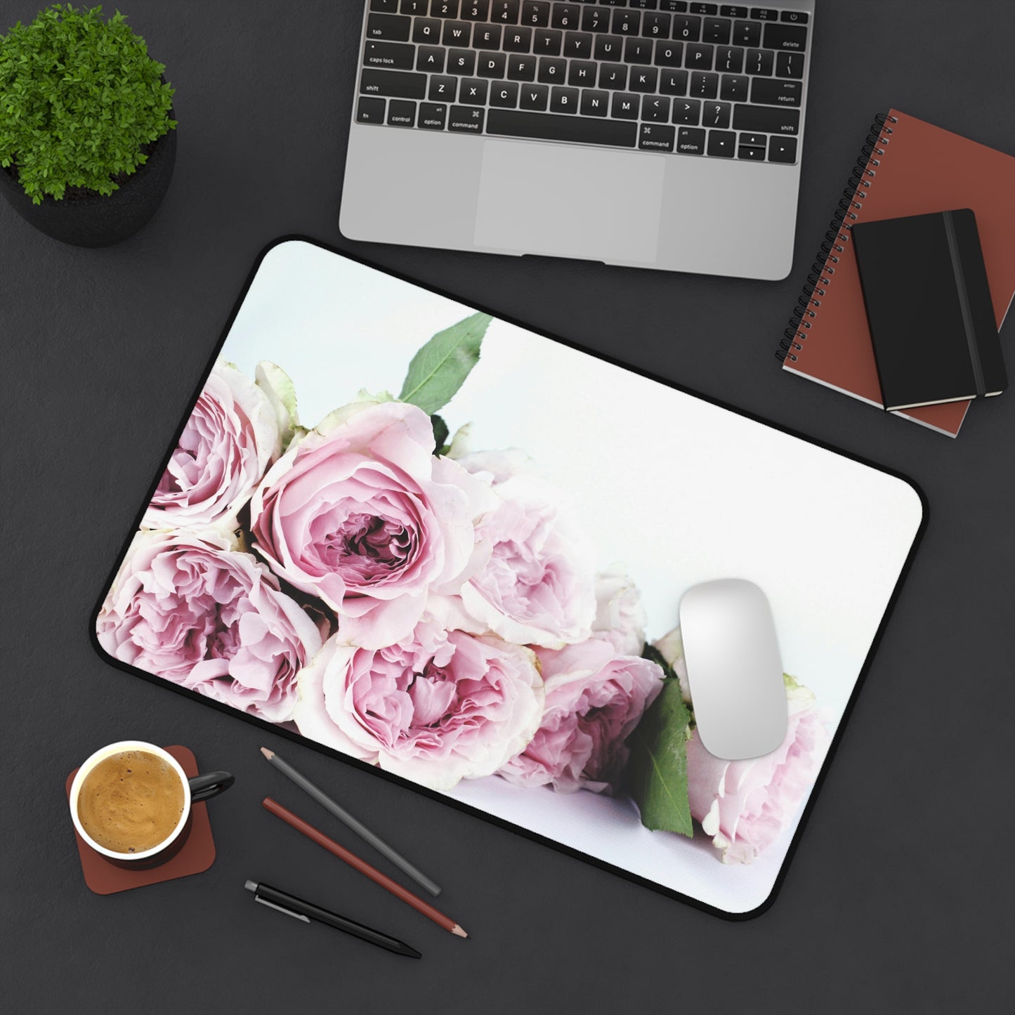 Floral Rose Desk Mat — Pink Peony Bouquet Mouse Pad for Office & Home
