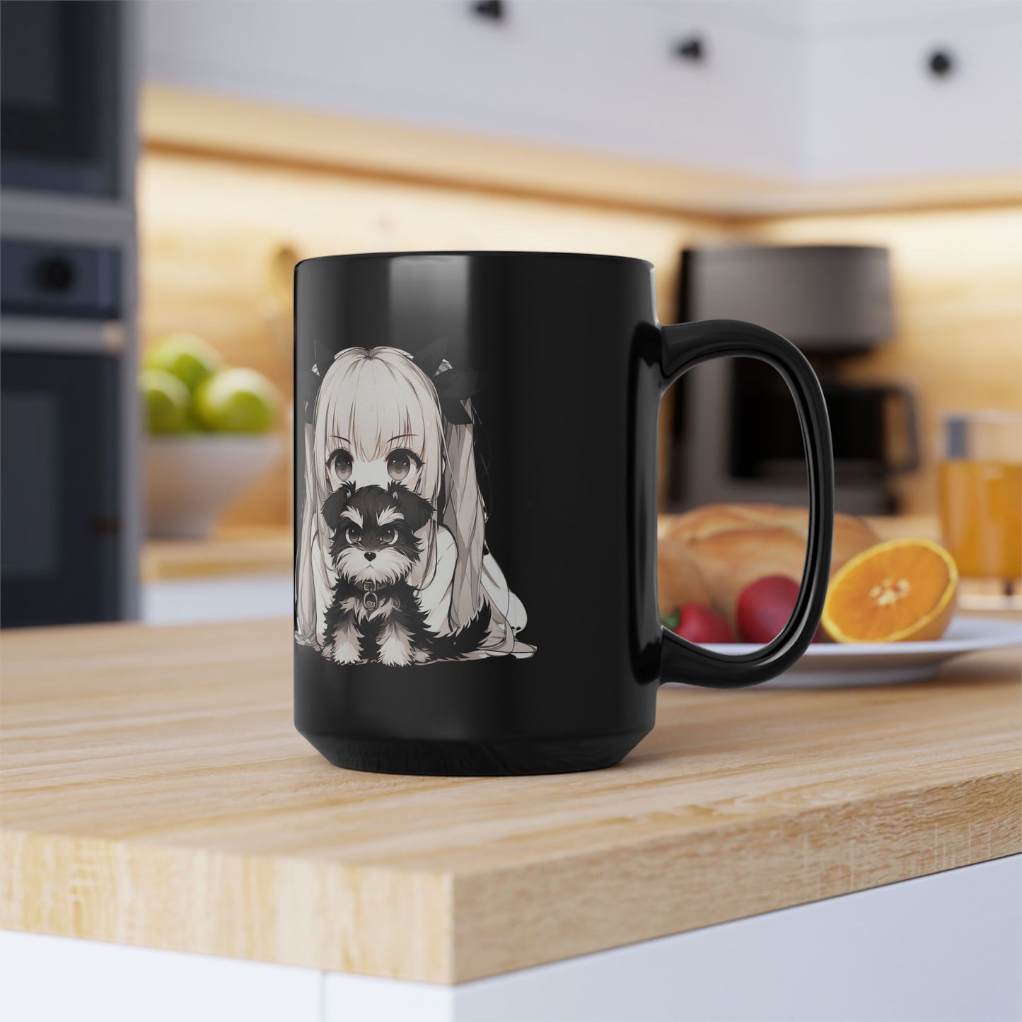Cute Anime Girl with Raccoon 15oz Black Mug