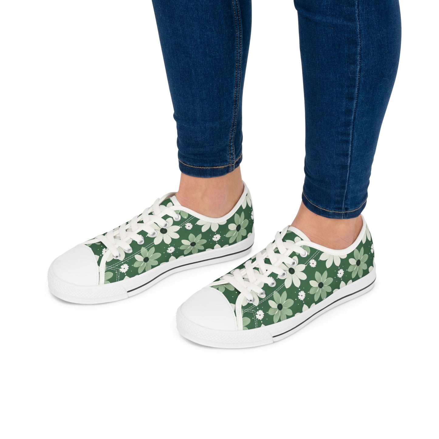 Floral Green Daisy Low Top Sneakers — Casual Garden Print Shoes