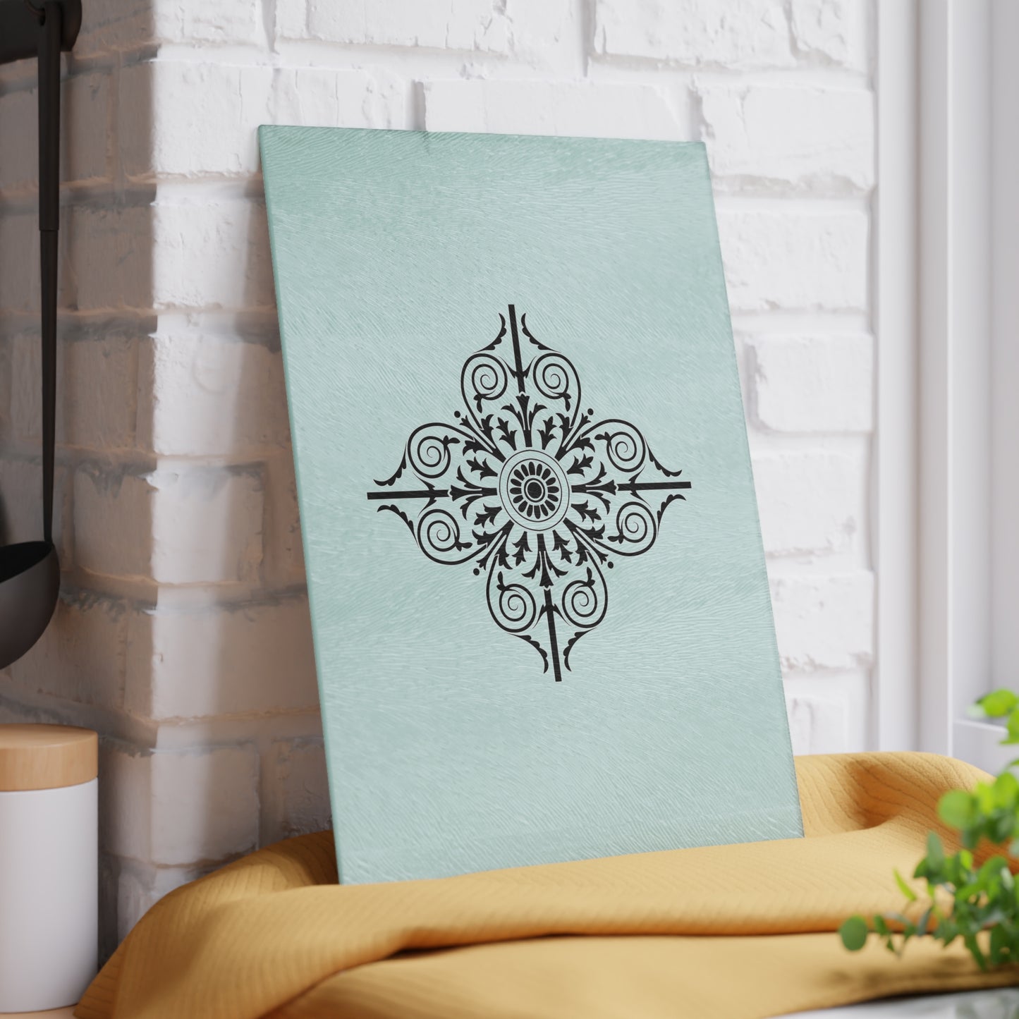 Mint Floral Medallion Glass Cutting Board — Decorative Kitchen Prep Board
