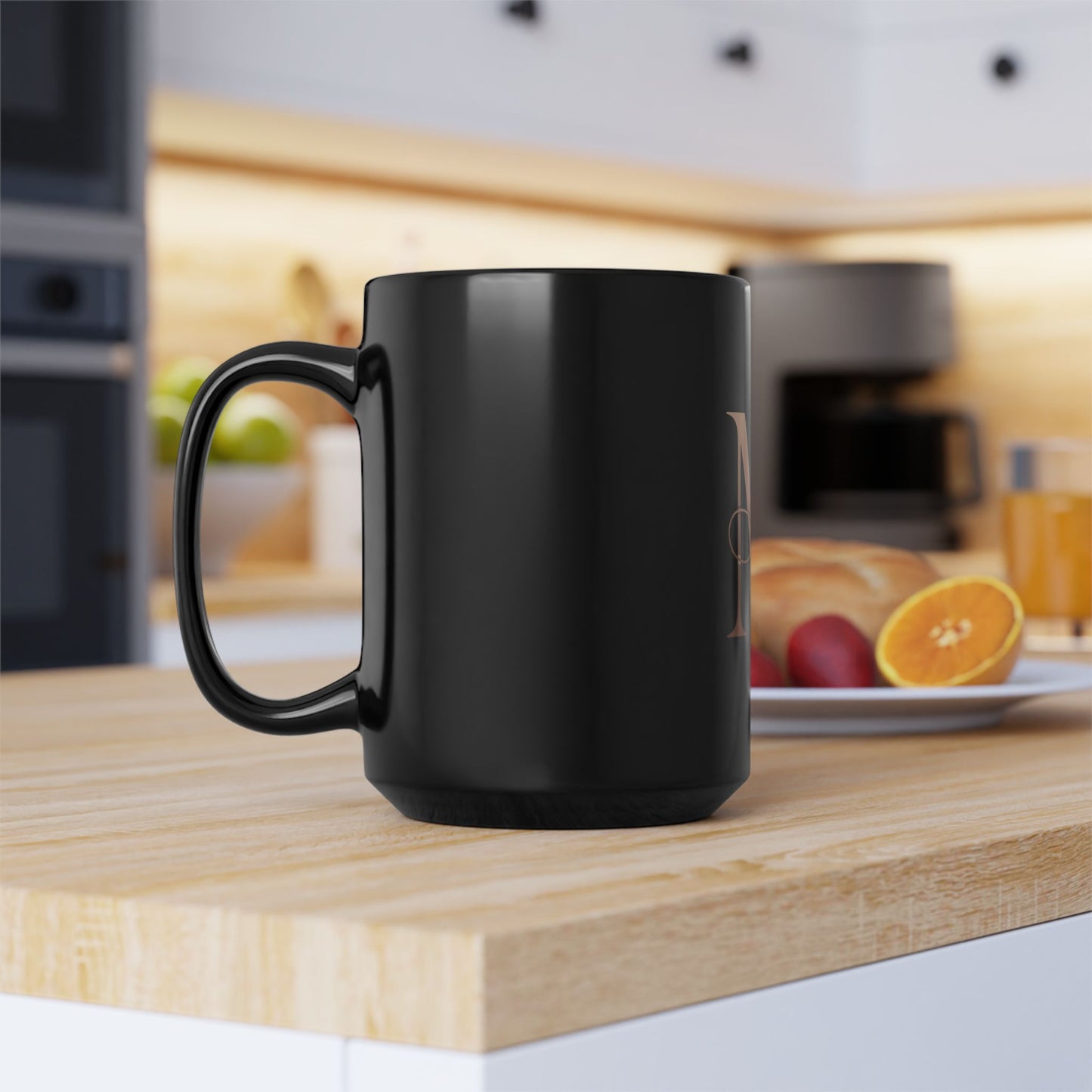 Monogram M Black 15oz Coffee Mug — Elegant Rose Gold Initial Mug