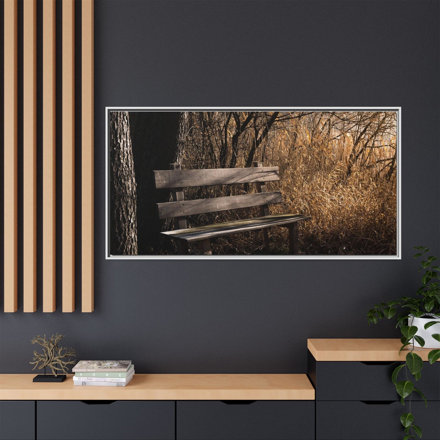 Framed Matte Canvas Print — Autumn Park Bench Photography