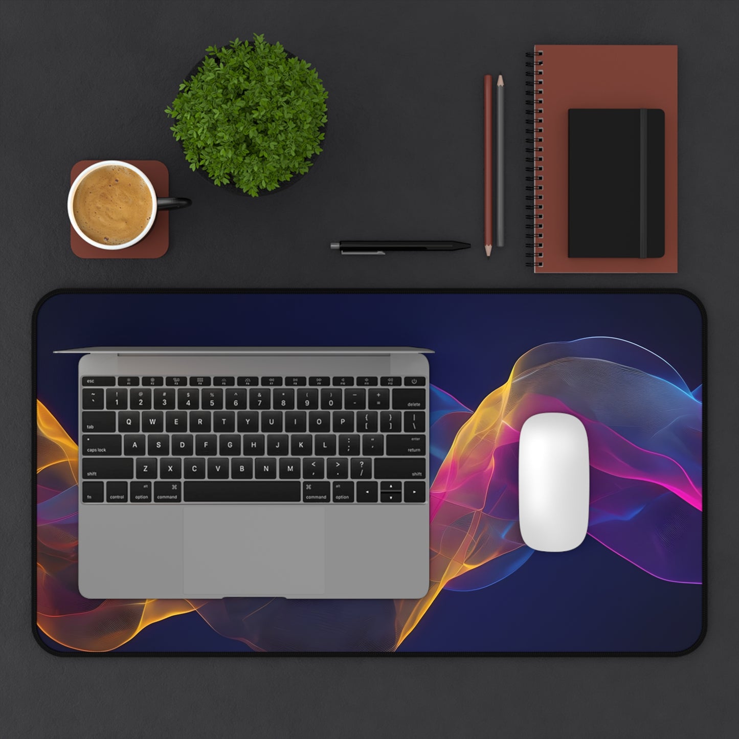 Abstract Neon Wave Desk Mat — Colorful Smoke Mouse Pad for Office & Gaming