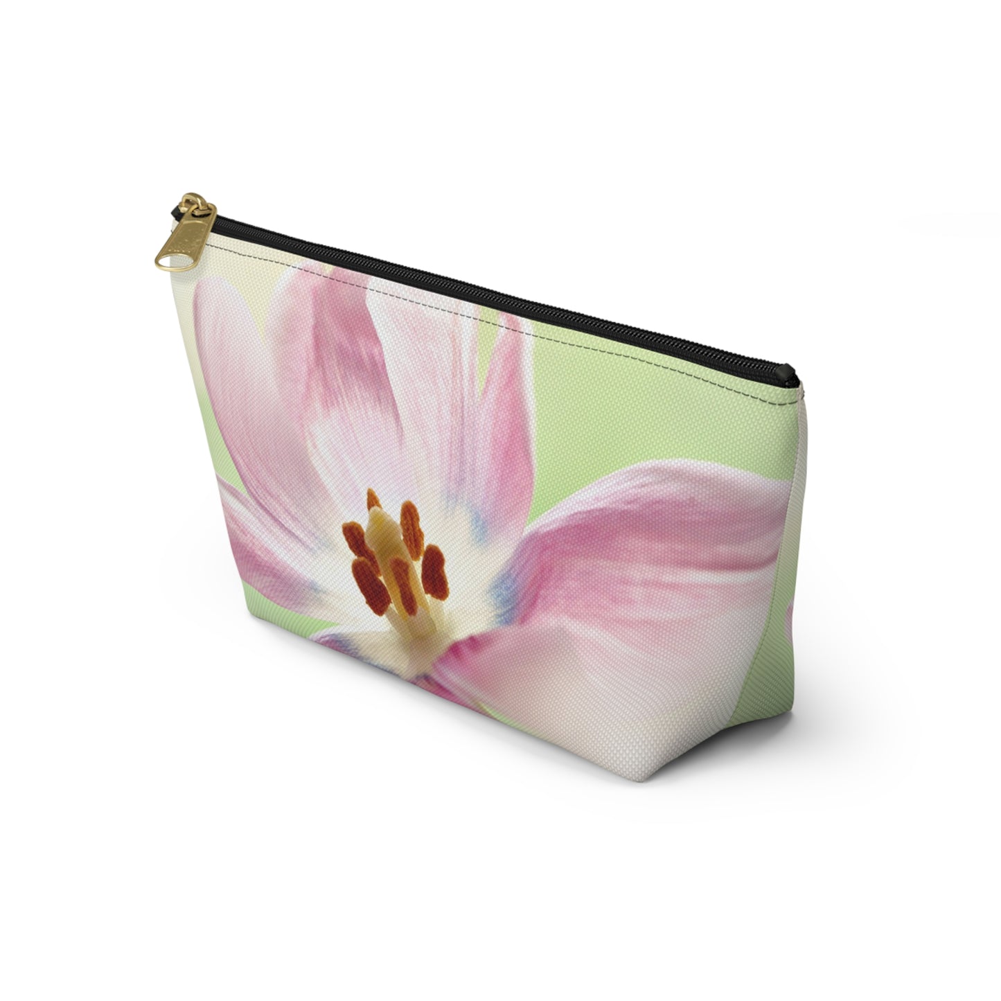 Pink Tulip Floral Accessory Pouch — Cosmetic Makeup Bag with T-Bottom