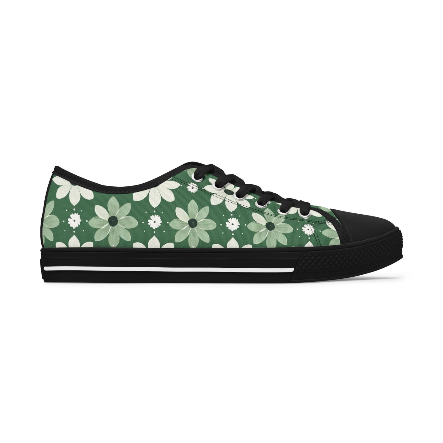 Floral Green Daisy Low Top Sneakers — Casual Garden Print Shoes