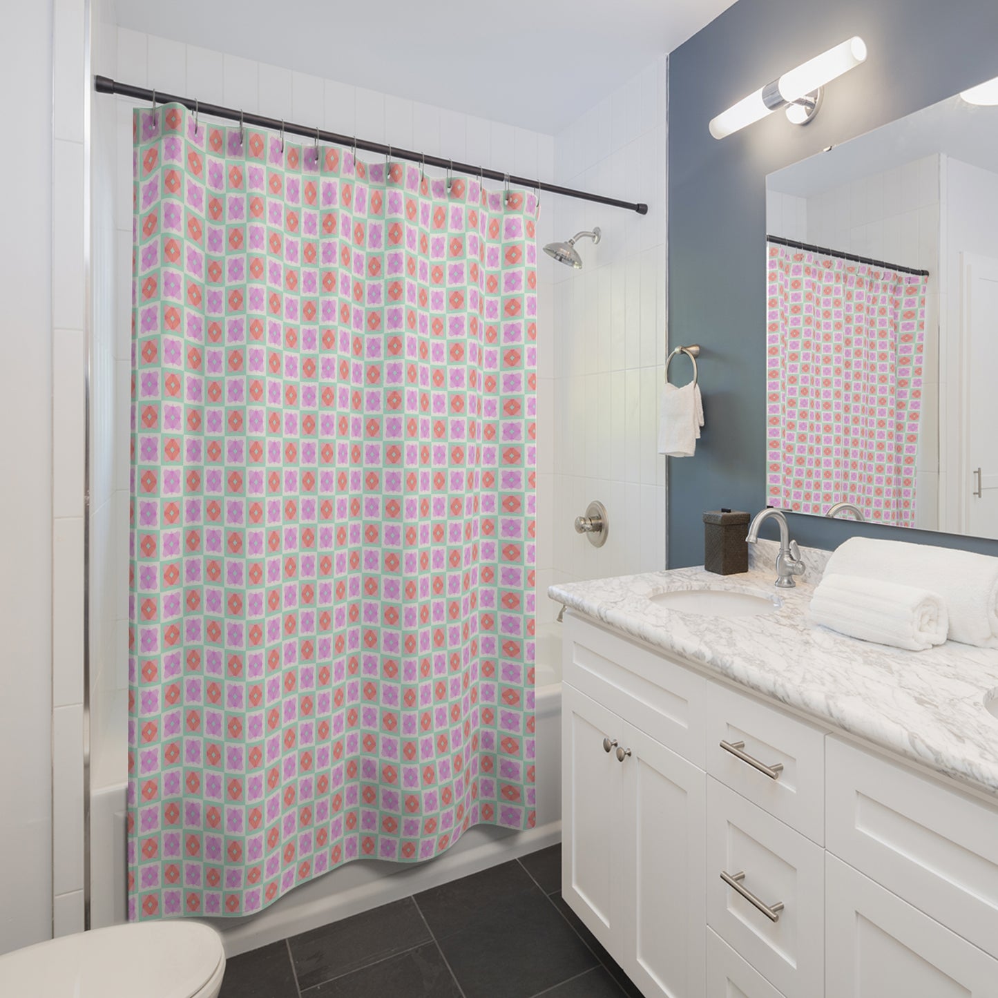 Floral Tile Shower Curtain — Pastel Pink & Mint Geometric Bathroom Decor