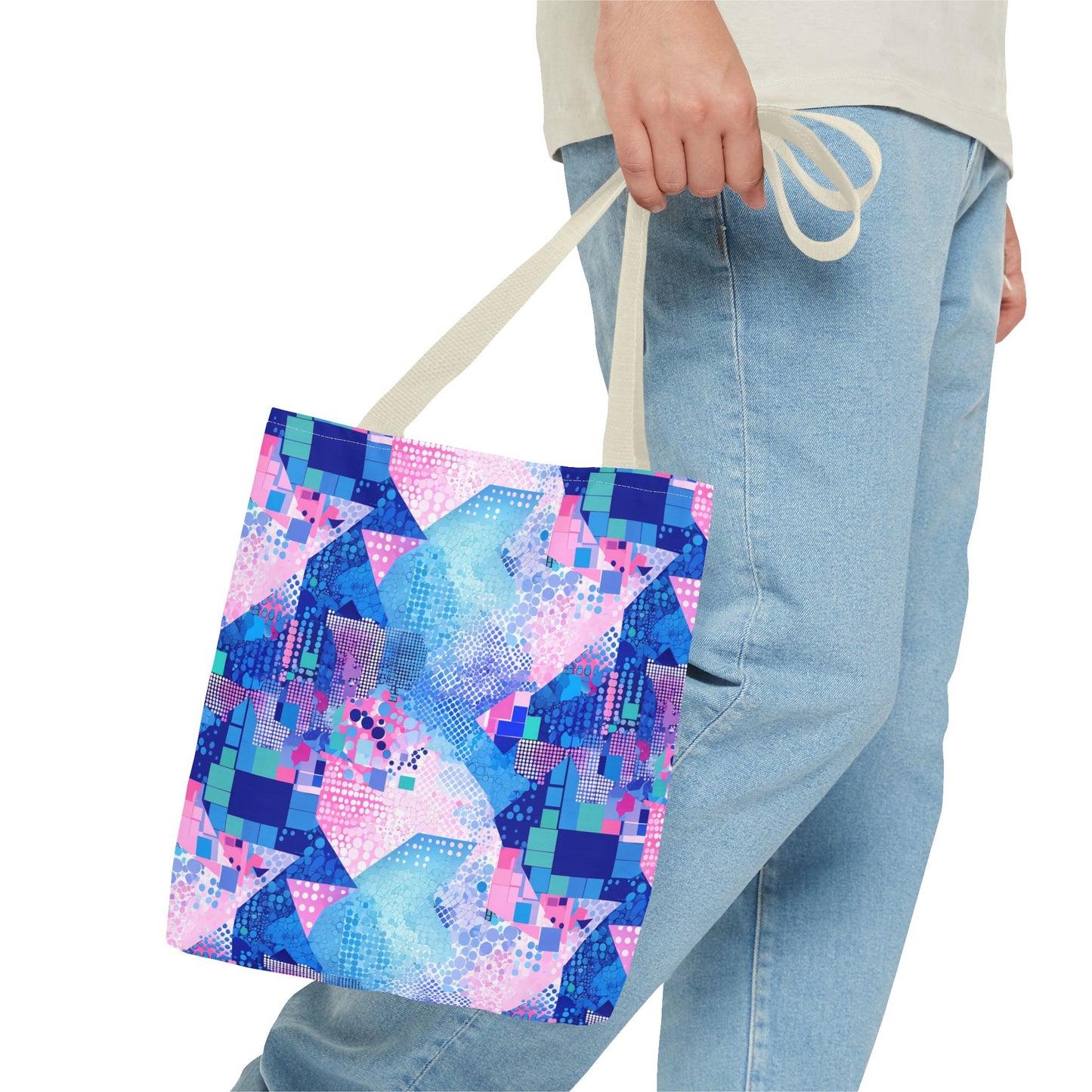 Abstract Blue Pink Geometric Tote Bag — Colorful Patterned All-Over Print Tote