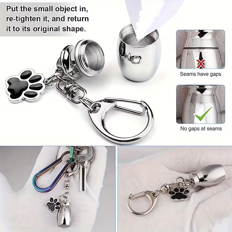 Metal Urn Pendant Suitable for Dog & Cat Cremation Urn with Filling Tools - Paw Print Ash Keepsake Keychain, Memorial Cylinder for Pet Ashes, Cremation Jewelry for Ashes Preservation
