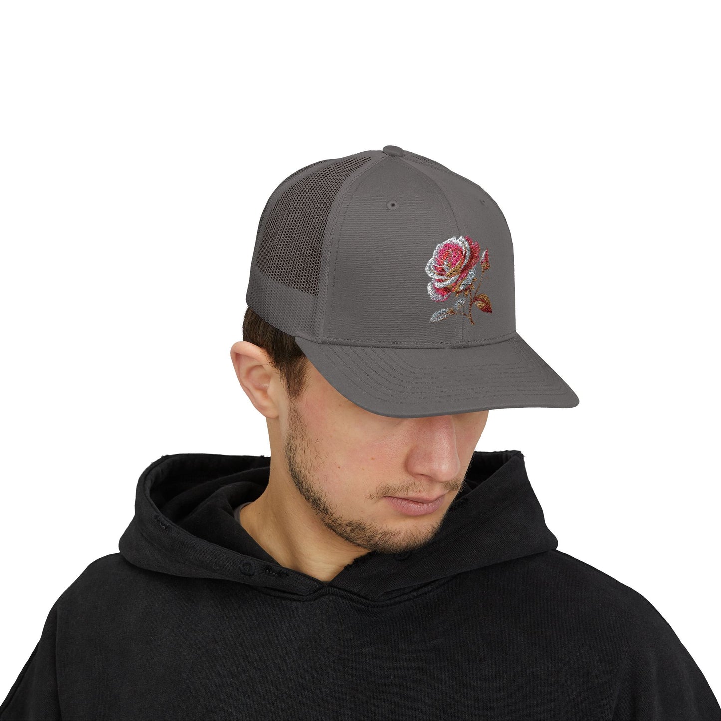 Rose Embellished Snapback Trucker Cap, Casual Hat for Outdoor Events, Gift for Flower Lovers, Stylish Fashion Accessory, Holiday Cap