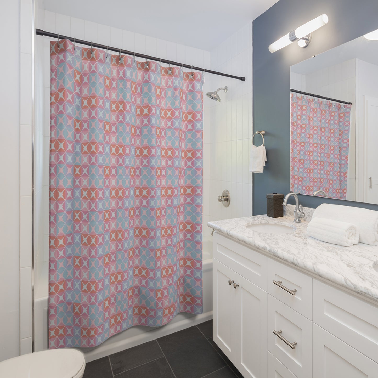 Geometric Pastel Shower Curtain — Retro Tile Pattern in Pink & Blue