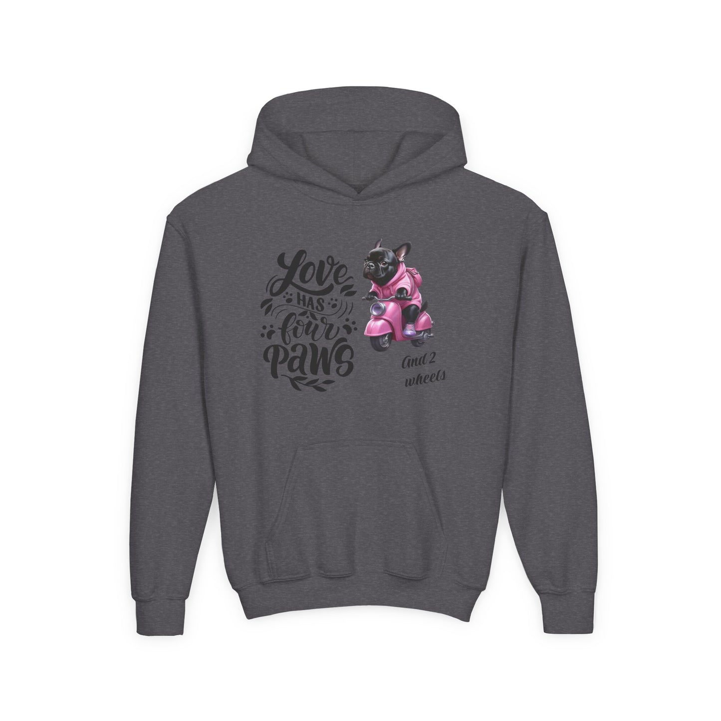 Youth Hoodie — "Love Has Four Paws" Pink Scooter French Bulldog Graphic