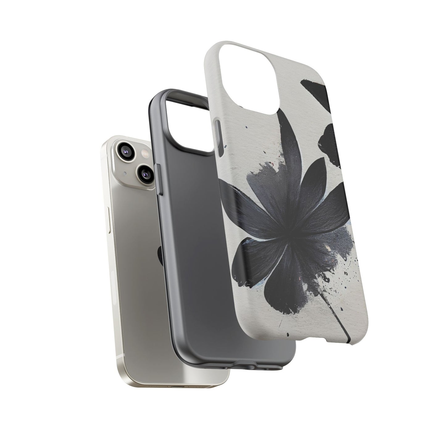 Monochrome Floral Tough Phone Case — Black Ink Flower Protective Cover