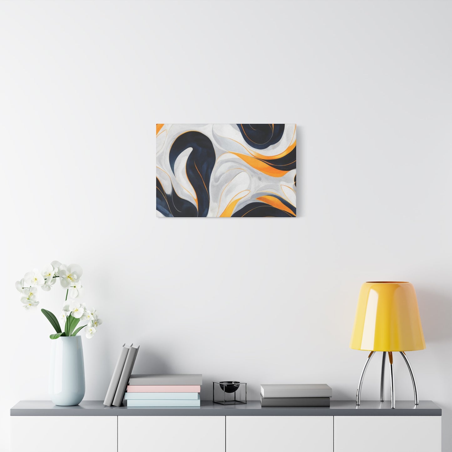 Abstract Fluid Art Matte Canvas Print — Navy, Gold & White Stretched Wall Art