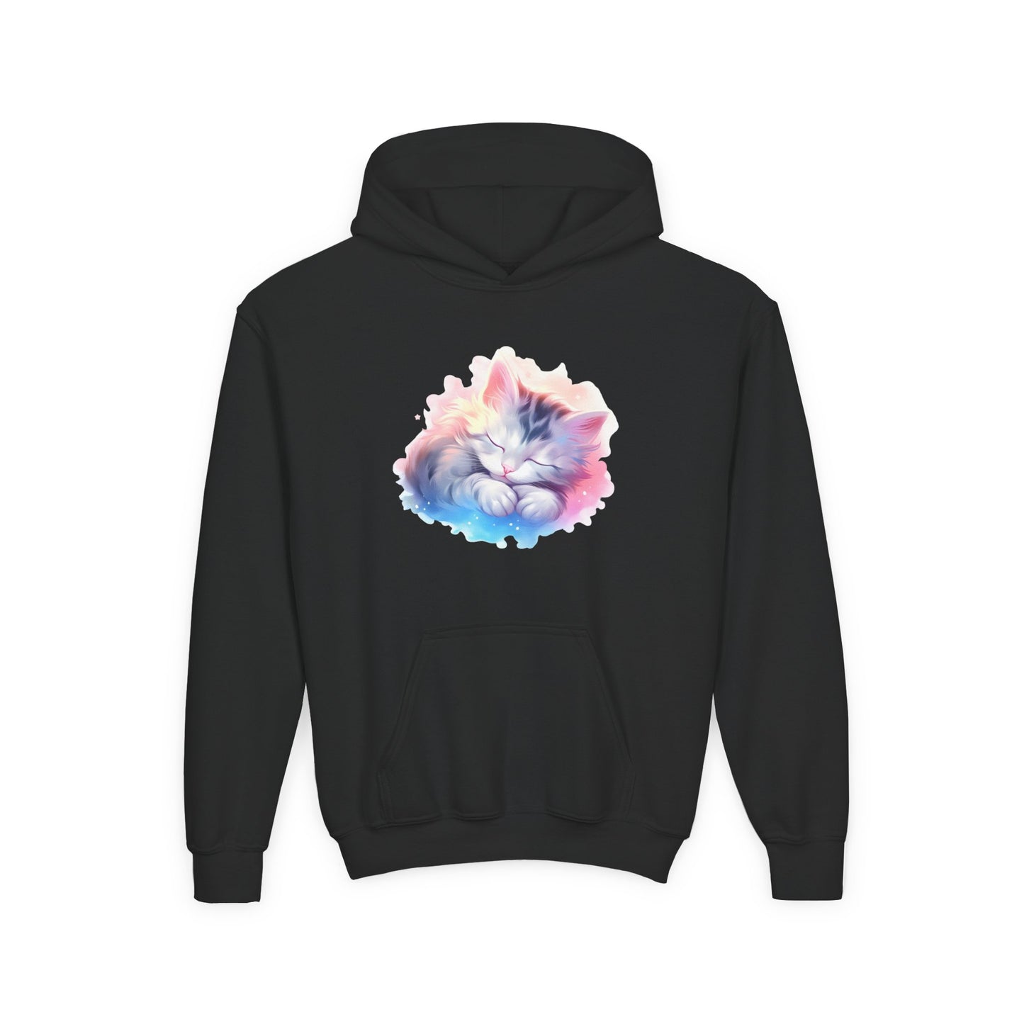 Kids' Cozy Rainbow Kitten Hoodie — Cute Sleeping Cat Youth Sweatshirt