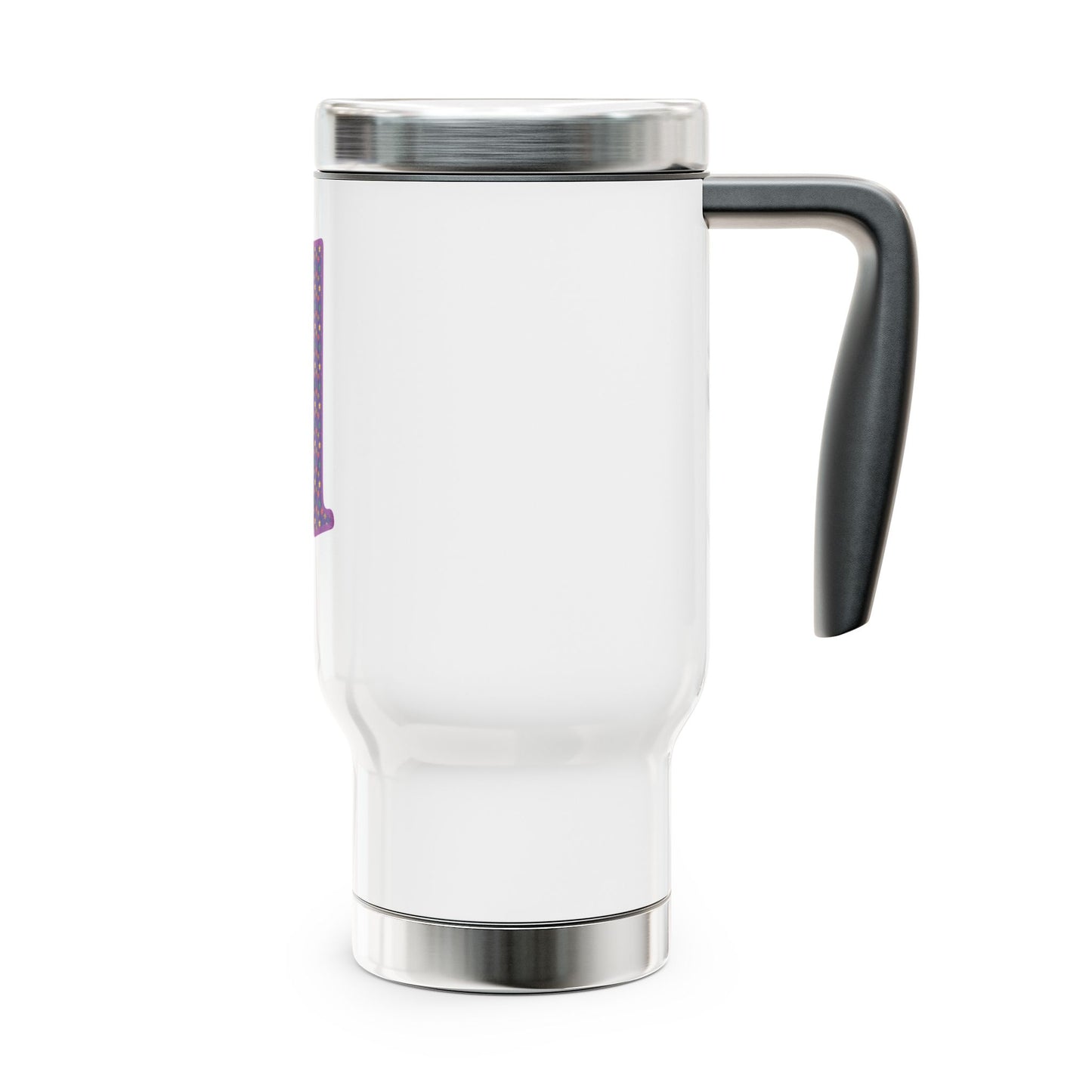 Monogram 'd' Purple Polka Dot Travel Mug – 14oz Stainless Steel with Handle